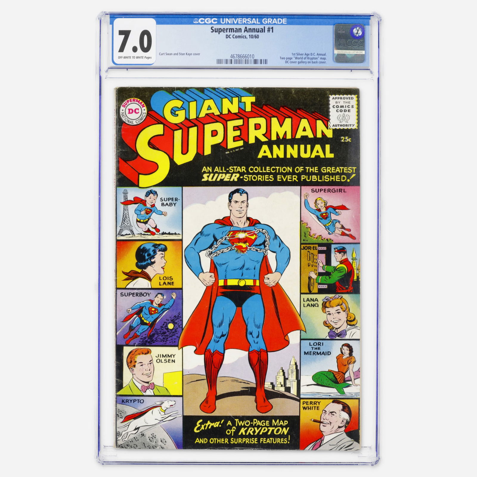 DC Comics Superman Annual #1 CGC 7.0: DC Comics Superman Annual #1 CGC 7.0 USA, 1960 A major Silver Age milestone: the first Silver Age DC Annual. Includes the famous World of Krypton map and a cover by Curt Swan and Stan Kaye. CGC#: 4