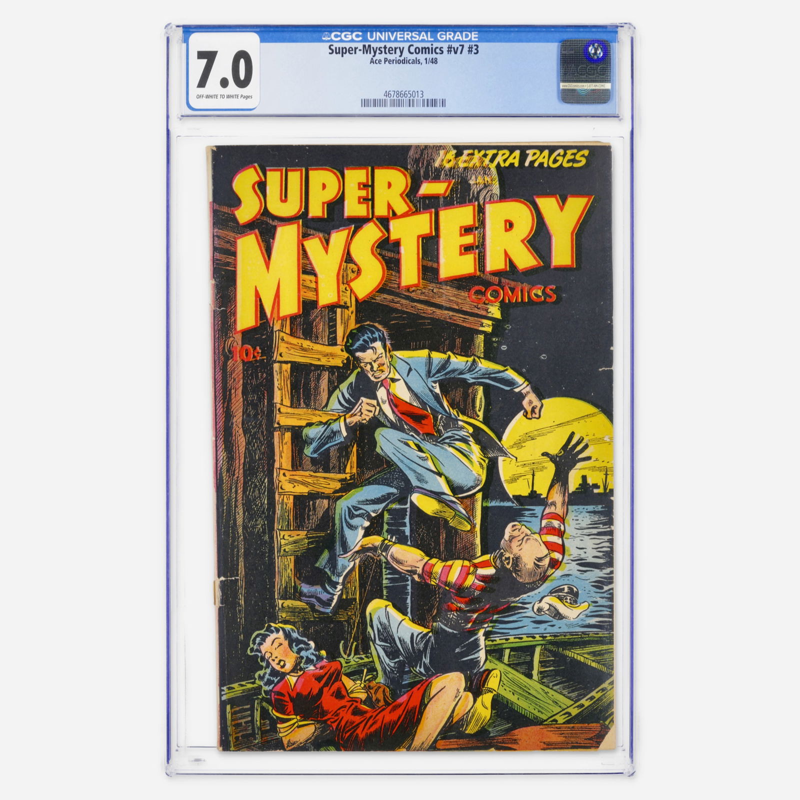 Ace Periodicals Super-Mystery Comics v7 #3 CGC 7.0: Ace Periodicals Super-Mystery Comics v7 #3 CGC 7.0 USA, 1948 This high-grade Golden Age issue from Ace Periodicals is a rare survivor of the late 40s mystery genre, boasting clean off-white to white p