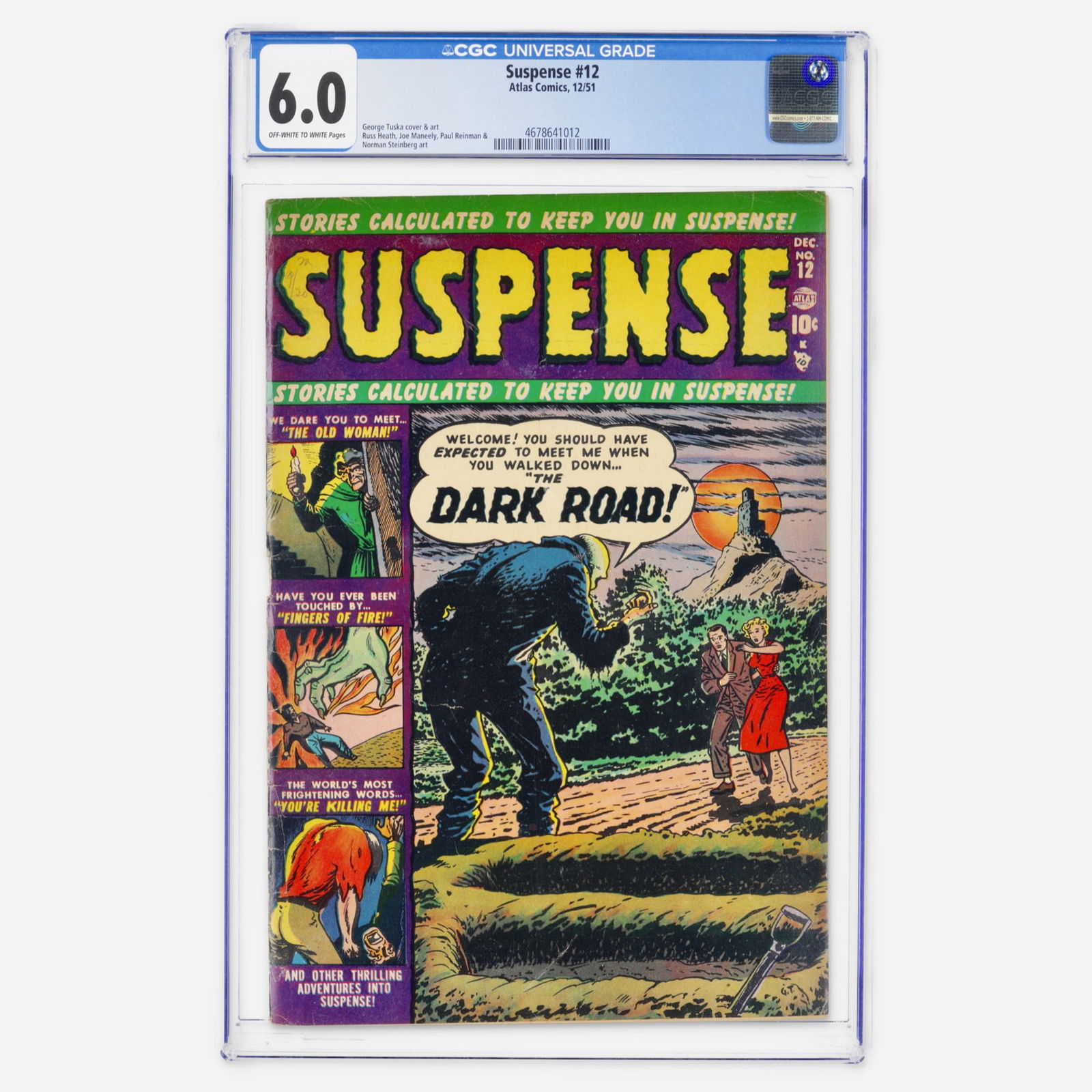 Atlas Comics Suspense #12 CGC 6.0: Atlas Comics Suspense #12 CGC 6.0 USA, 1951 A Golden Age Atlas suspense title featuring cover and interior art by George Tuska, with additional work by Russ Heath and Joe Maneely. CGC#: 4678641012<