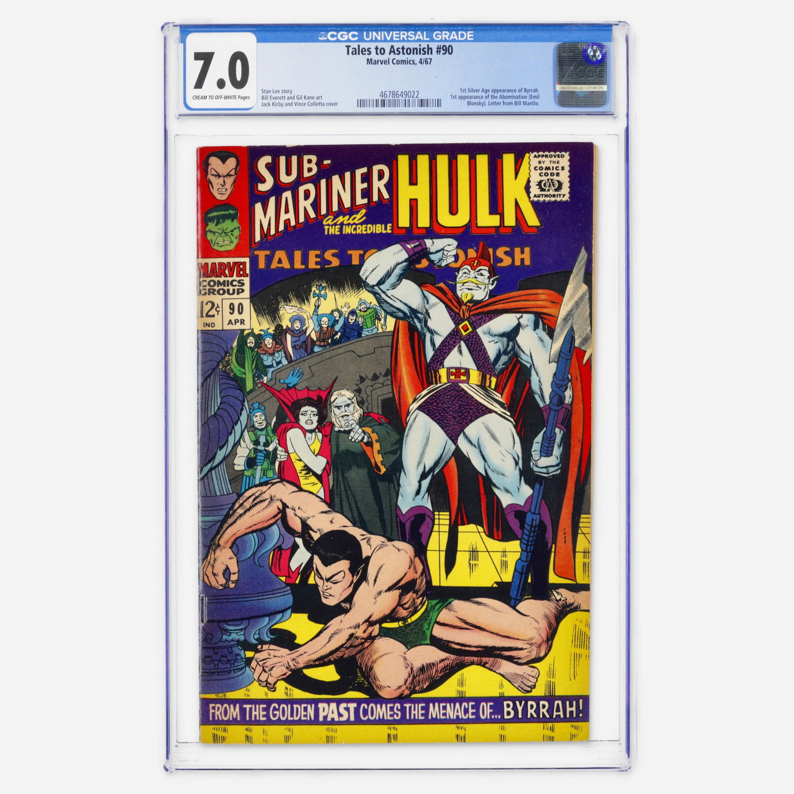 Marvel Comics Tales to Astonish #90 CGC 7.0: Marvel Comics Tales to Astonish #90 CGC 7.0 USA, 1967 A major Silver Age Marvel key featuring the first appearance of the Abomination (Emil Blonsky) and the first Silver Age appearance of Byrrah. The