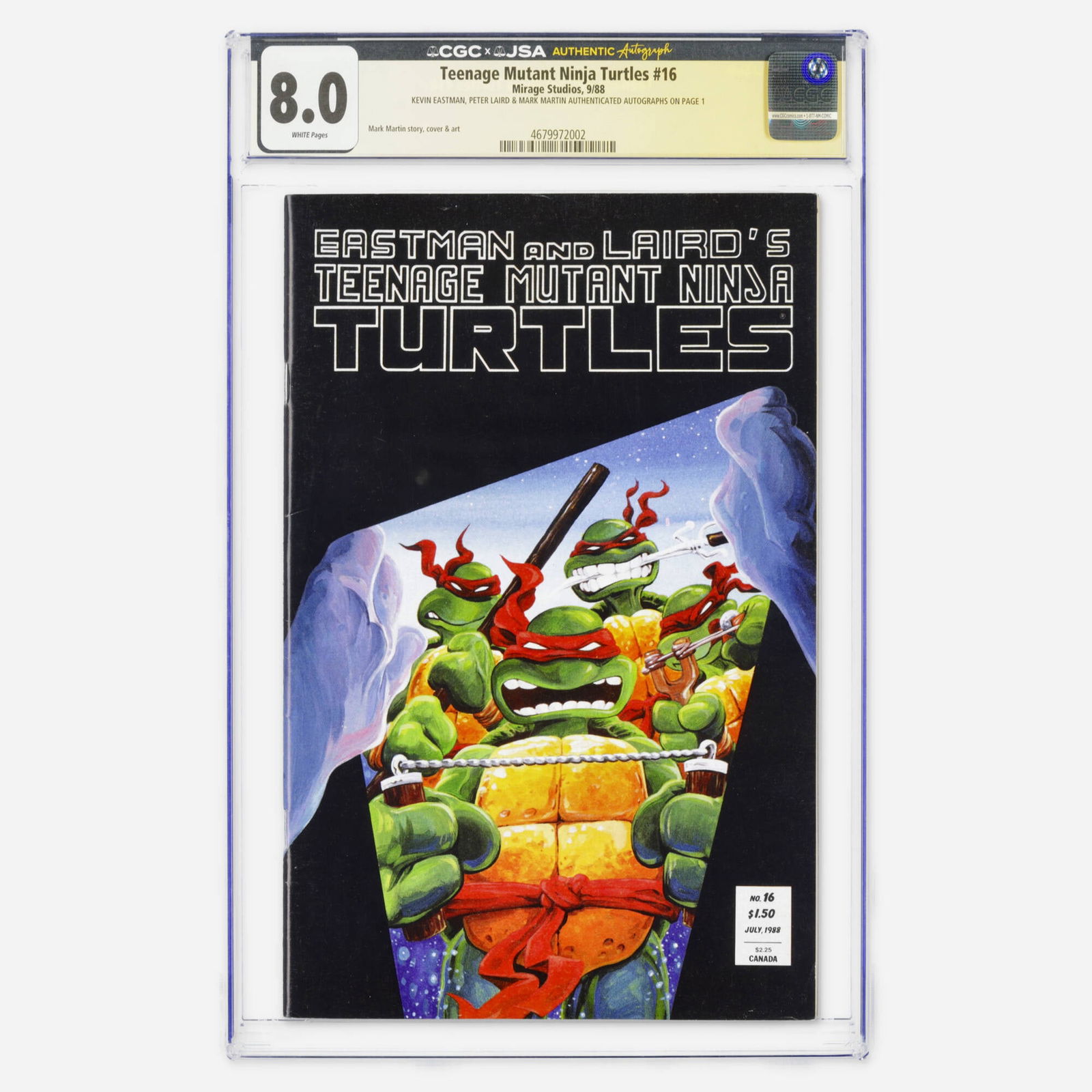 Mirage Studios Teenage Mutant Ninja Turtles #16 CGC 8.0 JSA Kevin Eastman Peter Laird Mark Martin: Mirage Studios Teenage Mutant Ninja Turtles #16 CGC 8.0 JSA Kevin Eastman Peter Laird Mark Martin USA, 1988 This Modern Age issue by Mark Martin is a top population copy. It is unique for its triple a