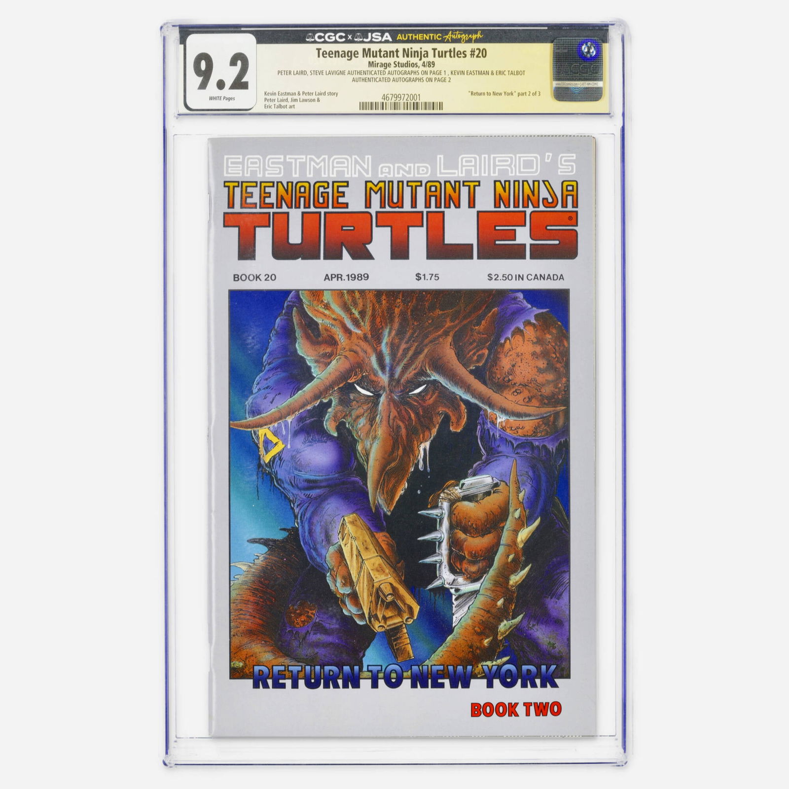 Mirage Studios Teenage Mutant Ninja Turtles #20 CGC 9.2 JSA Laird Lavigne Eastman Talbot: Mirage Studios Teenage Mutant Ninja Turtles #20 CGC 9.2 JSA Laird Lavigne Eastman Talbot USA, 1989 Part 2 of the legendary Return to New York story. This Modern Age key is a top population copy featur