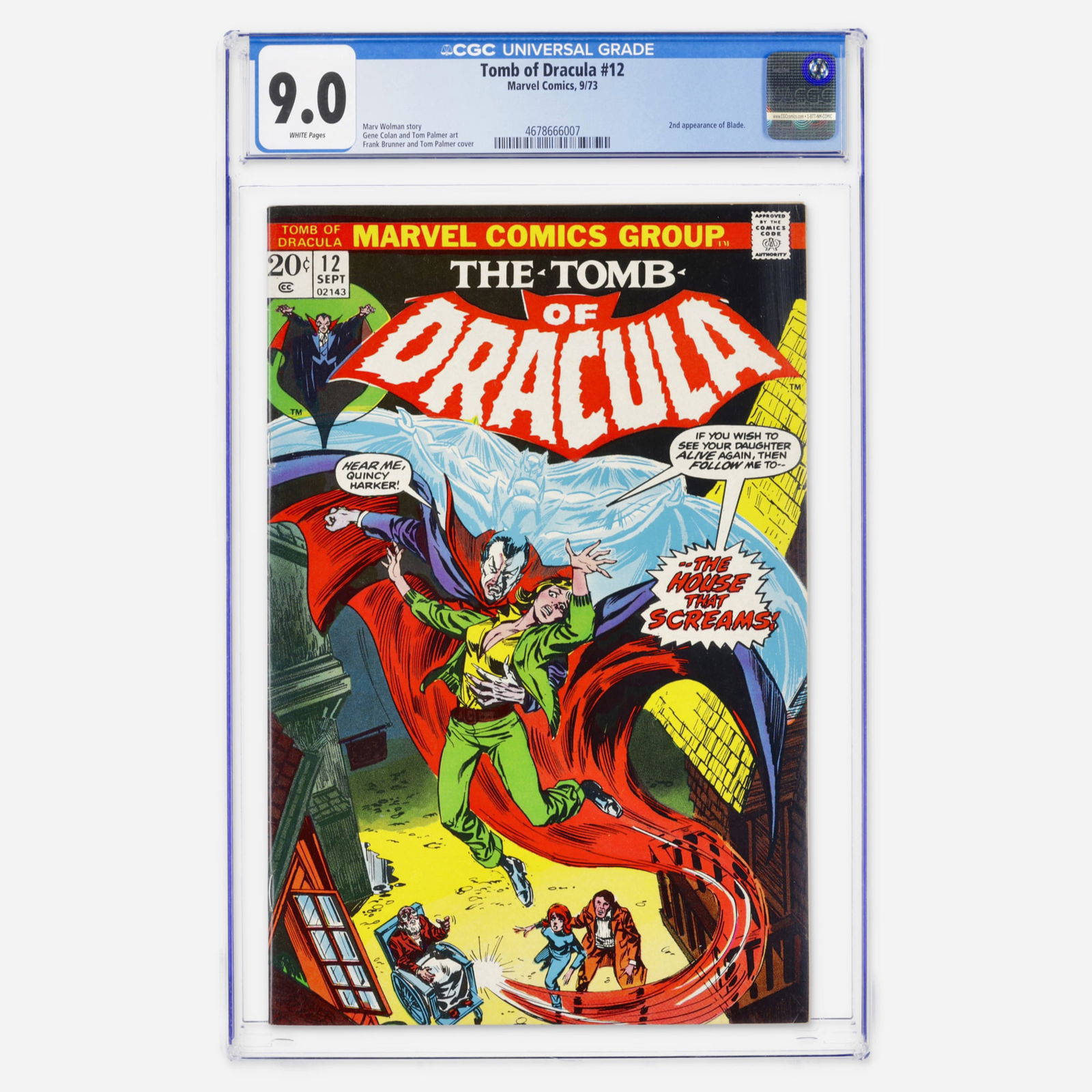 Marvel Comics Tomb of Dracula #12 CGC 9.0: Marvel Comics Tomb of Dracula #12 CGC 9.0 USA, 1973 A sharp Bronze Age key featuring the second appearance of Blade. The legendary horror team of Marv Wolfman and Gene Colan continue their