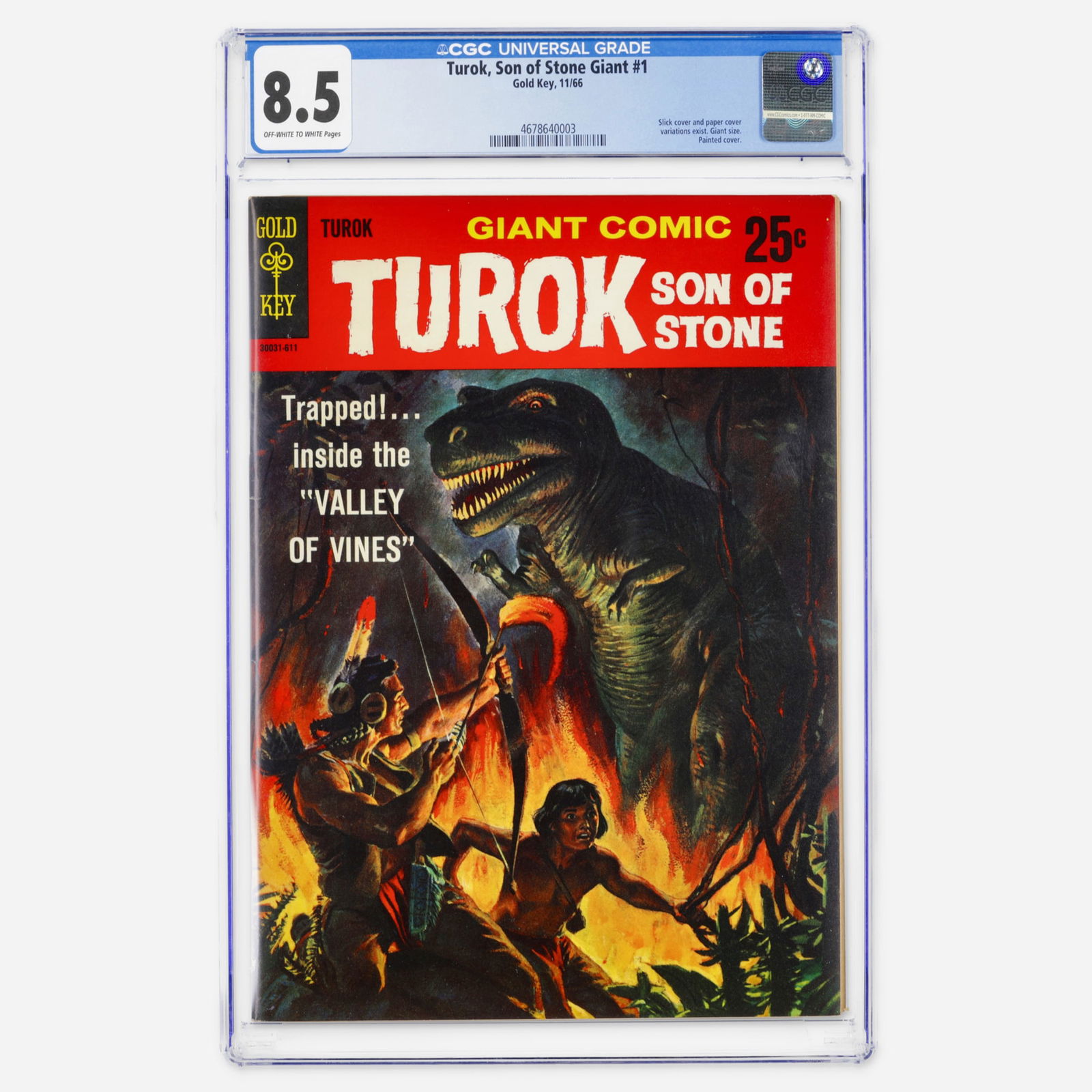 Gold Key Turok, Son of Stone Giant #1 CGC 8.5: Gold Key Turok, Son of Stone Giant #1 CGC 8.5 USA, 1966 A beautiful Silver Age Giant Size issue from Gold Key featuring a lush painted cover. Turok faces prehistoric dangers in this high-grade specime