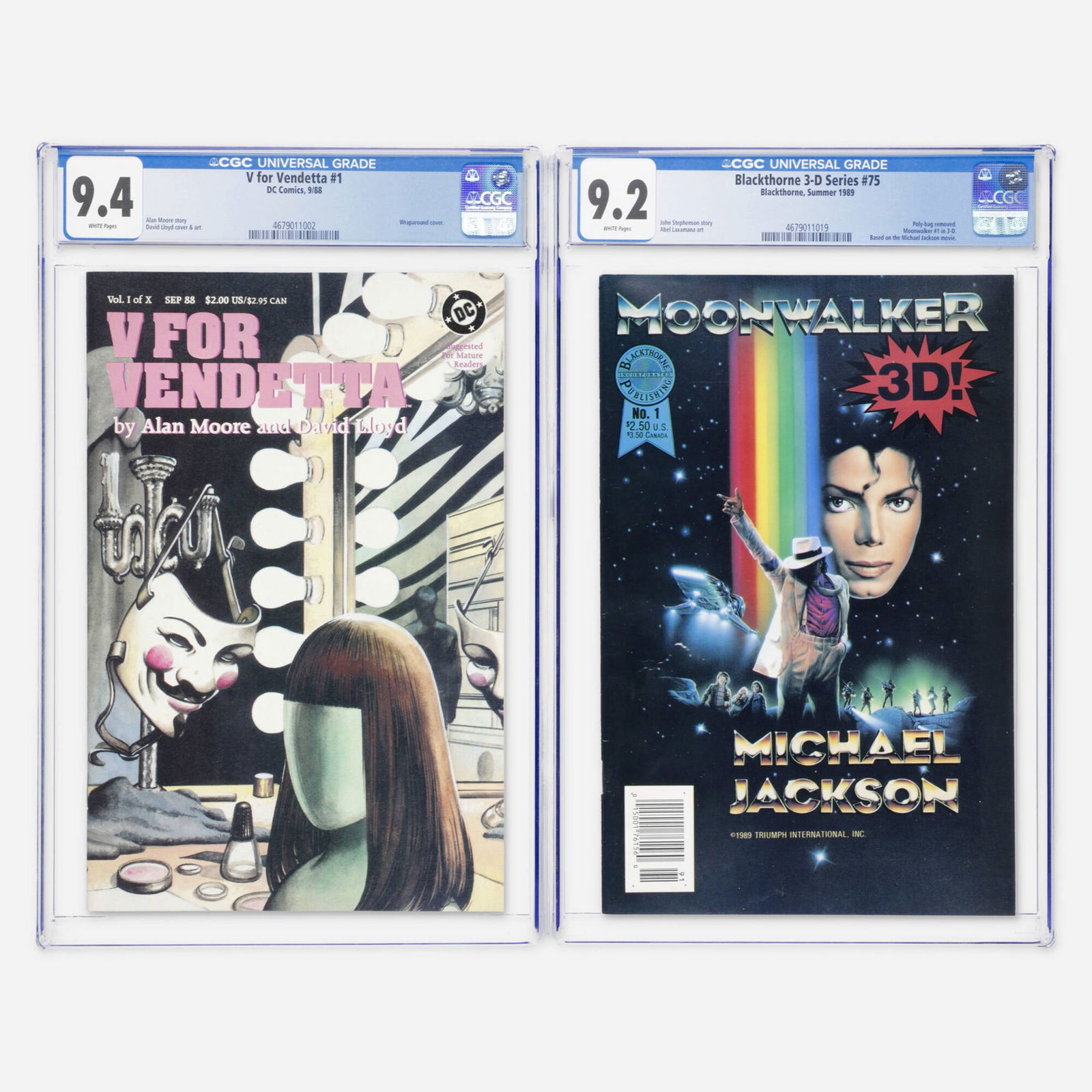 2 Blackthorne and DC Comics Blackthorne 3-D Series #75 and V for Vendetta #1 CGC Group: 2 Blackthorne and DC Comics Blackthorne 3-D Series #75 and V for Vendetta #1 CGC Group USA, 20th Century Blackthorne Blackthorne 3-D Series #75 [Moonwalker] CGC 9.2 (Summer 1989) CGC#: