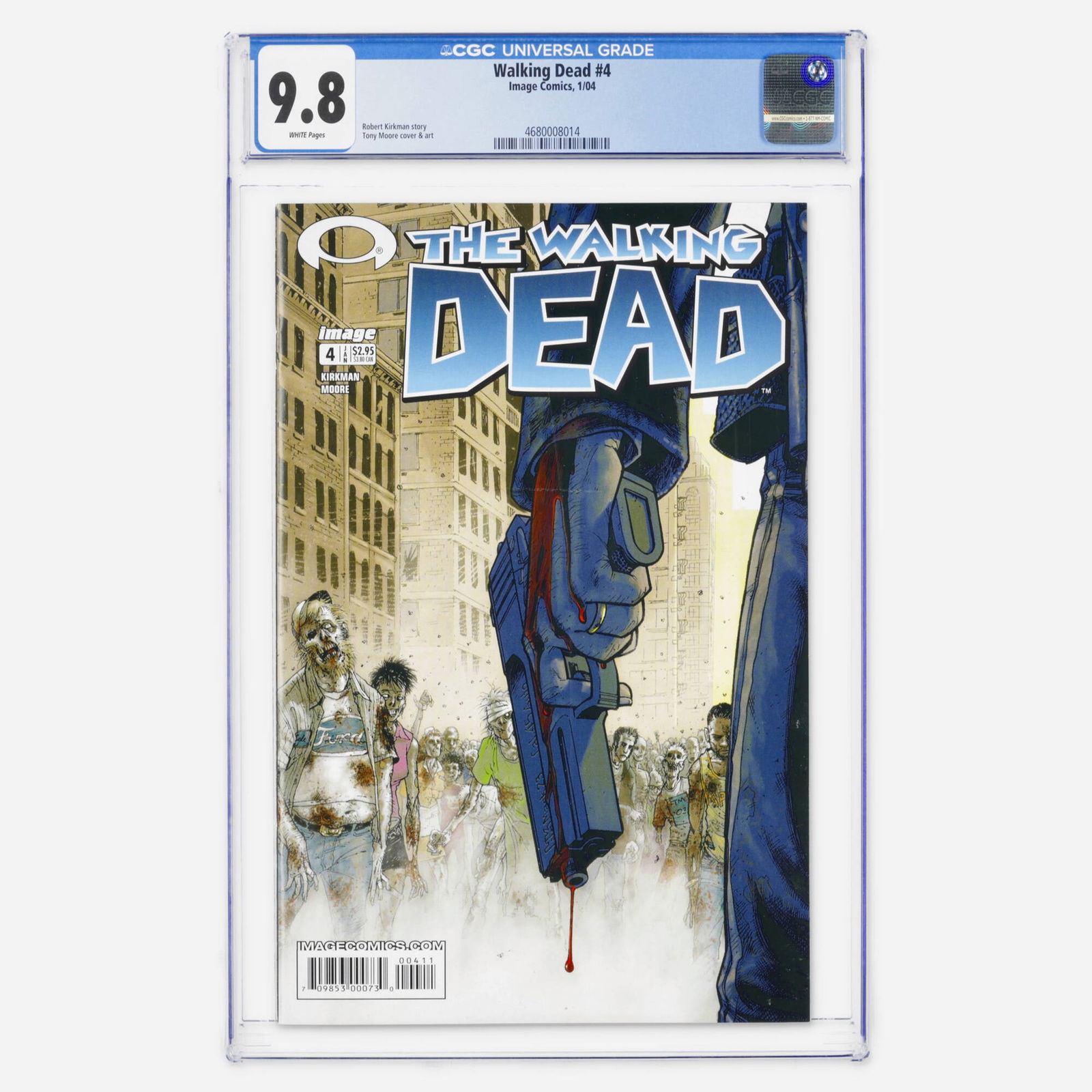Image Comics Walking Dead #4 CGC 9.8: Image Comics Walking Dead #4 CGC 9.8 USA, 2004 A high-grade Modern Age key from the early days of Robert Kirkman's zombie epic. Features the expressive interior art and cover of Tony Moore before the
