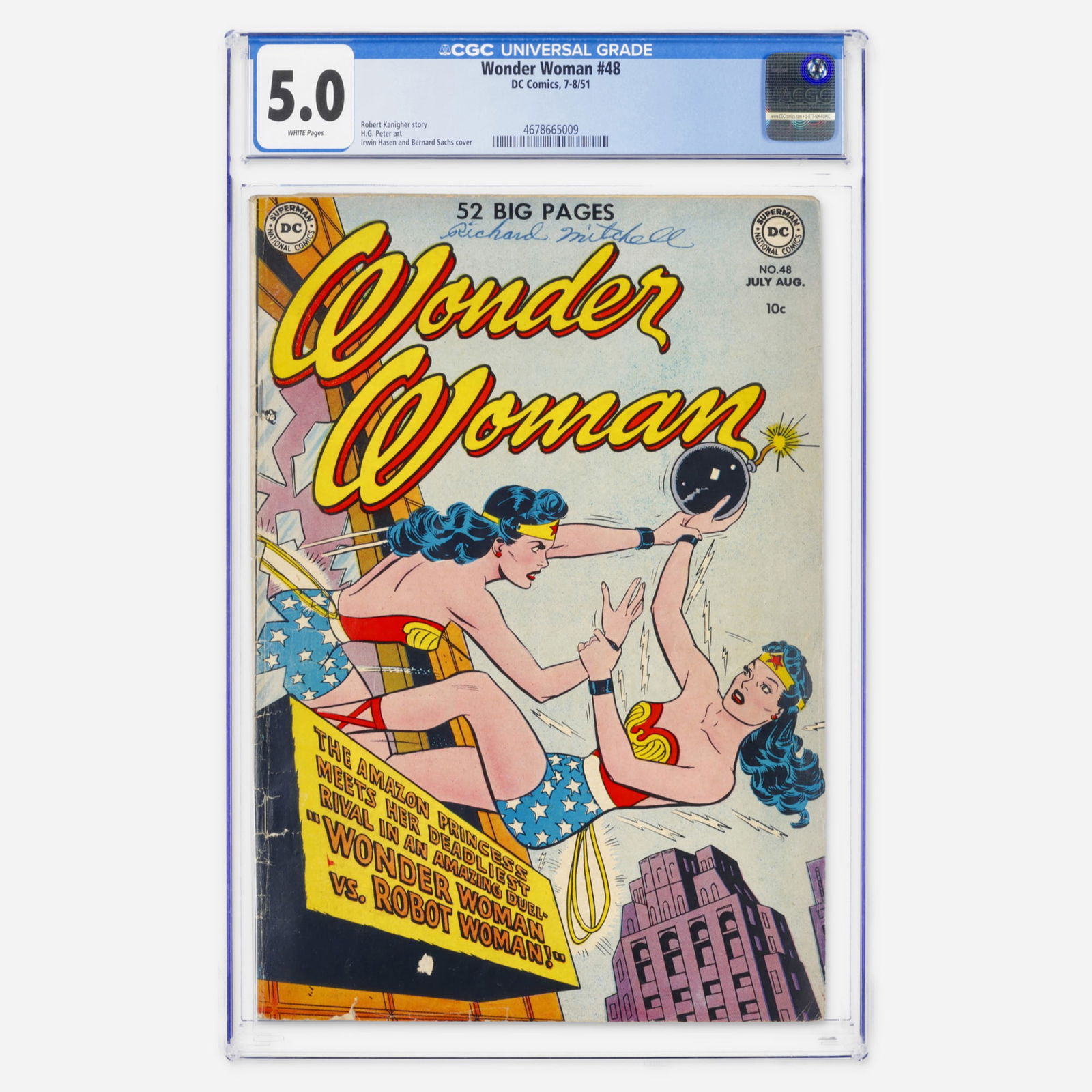 DC Comics Wonder Woman #48 CGC 5.0: DC Comics Wonder Woman #48 CGC 5.0 USA, 1951 A historic Golden Age DC issue with rare white pages. Features the classic art of H.G. Peter, the original artist for the character, under a cover by Irwin