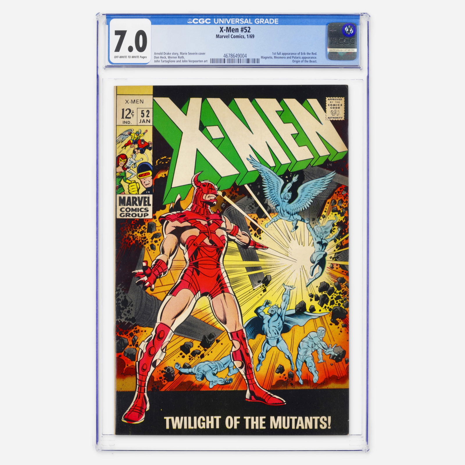 Marvel Comics X-Men #52 CGC 7.0: Marvel Comics X-Men #52 CGC 7.0 USA, 1969 This Silver Age chapter features the first full appearance of Erik the Red. The cover by Marie Severin hides a tense battle involving Magneto, Mesmero, and Po