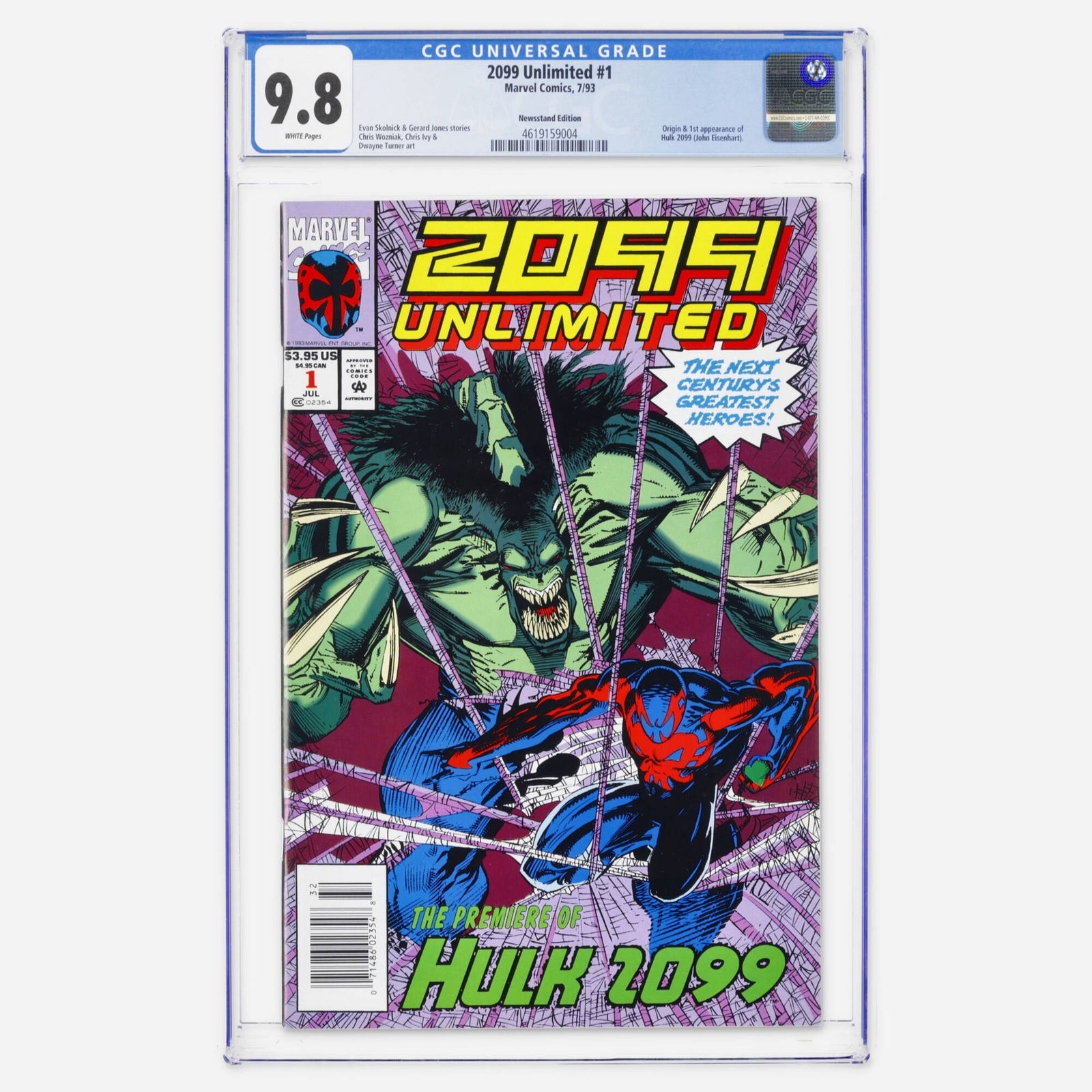 Marvel Comics 2099 Unlimited #1 CGC 9.8 Newsstand: Marvel Comics 2099 Unlimited #1 CGC 9.8 Newsstand USA, 1993 This issue features the origin and first appearance of Hulk 2099 (John Eisenhart), with stories from Evan Skolnick and Gerard Jones, and art