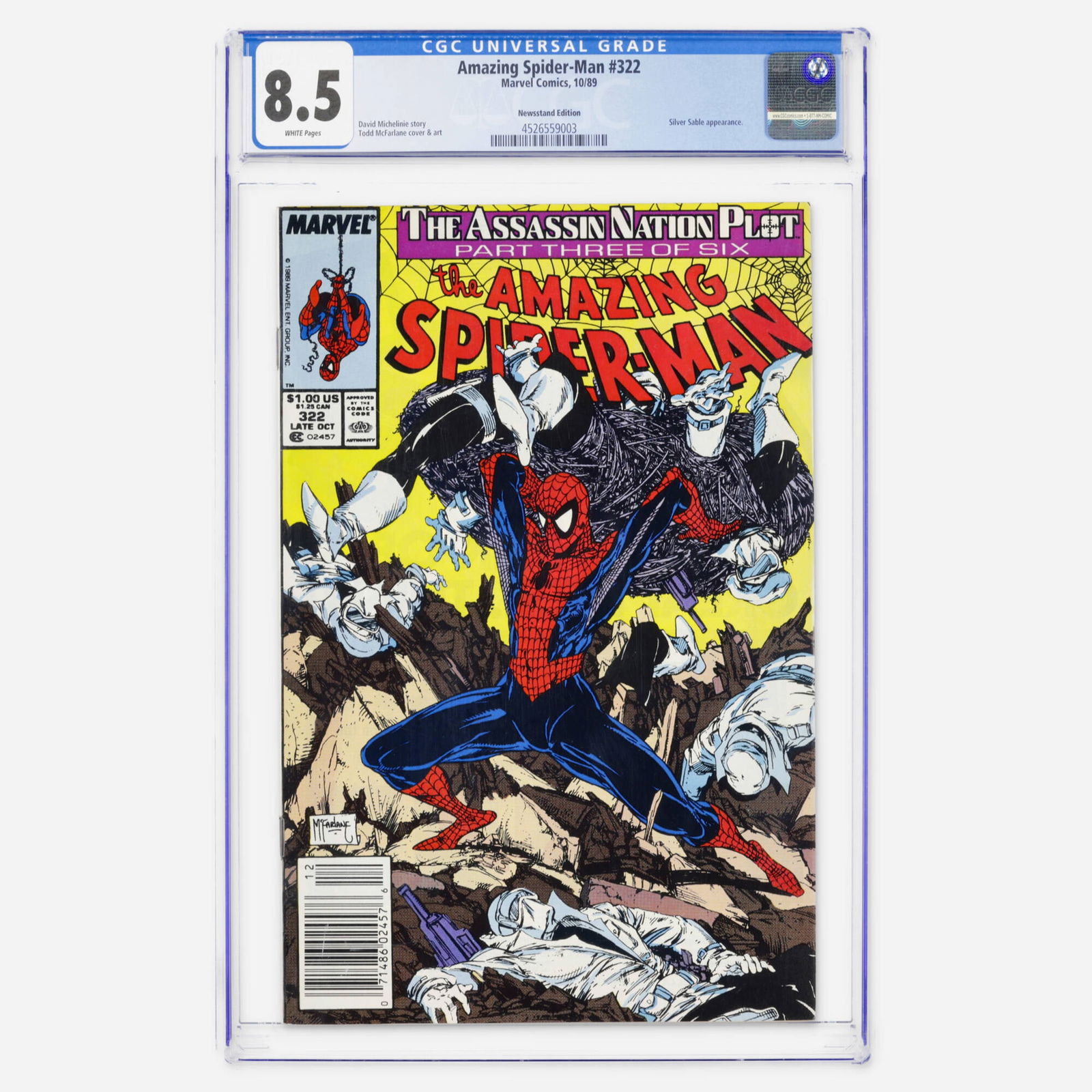 Marvel Comics Amazing Spider-Man #322 CGC 8.5 Newsstand: Marvel Comics Amazing Spider-Man #322 CGC 8.5 Newsstand USA, 1989 This Modern Age book includes a Silver Sable appearance. It features the fan-favorite collaboration of writer David Michelinie and