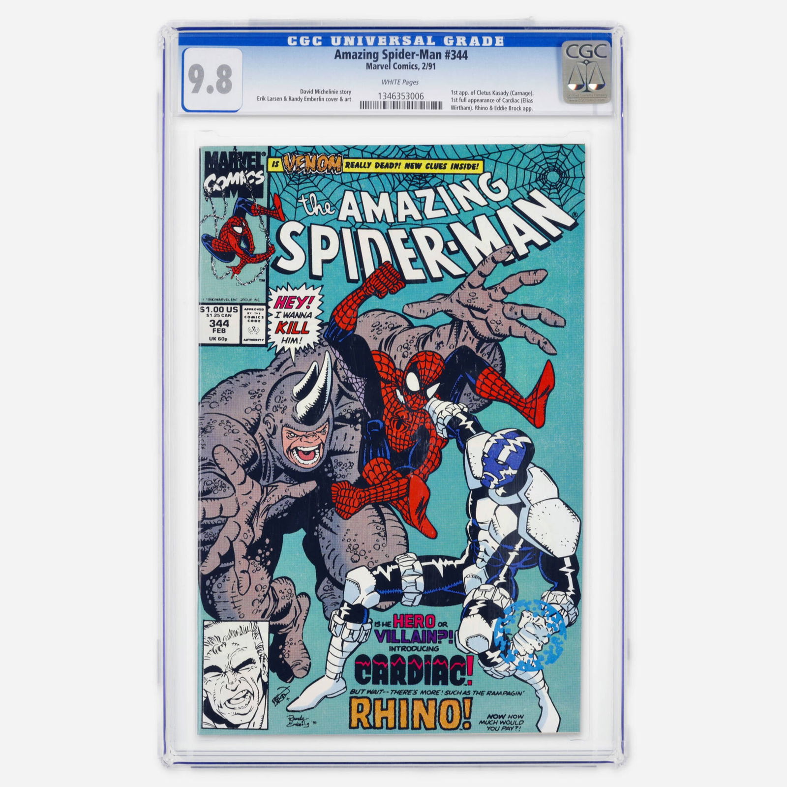 Marvel Comics Amazing Spider-Man #344 CGC 9.8: Marvel Comics Amazing Spider-Man #344 CGC 9.8 USA, 1991 This Modern Age key features the first appearance of Cletus Kasady (Carnage) and the first full appearance of Cardiac. It contains a story by Da