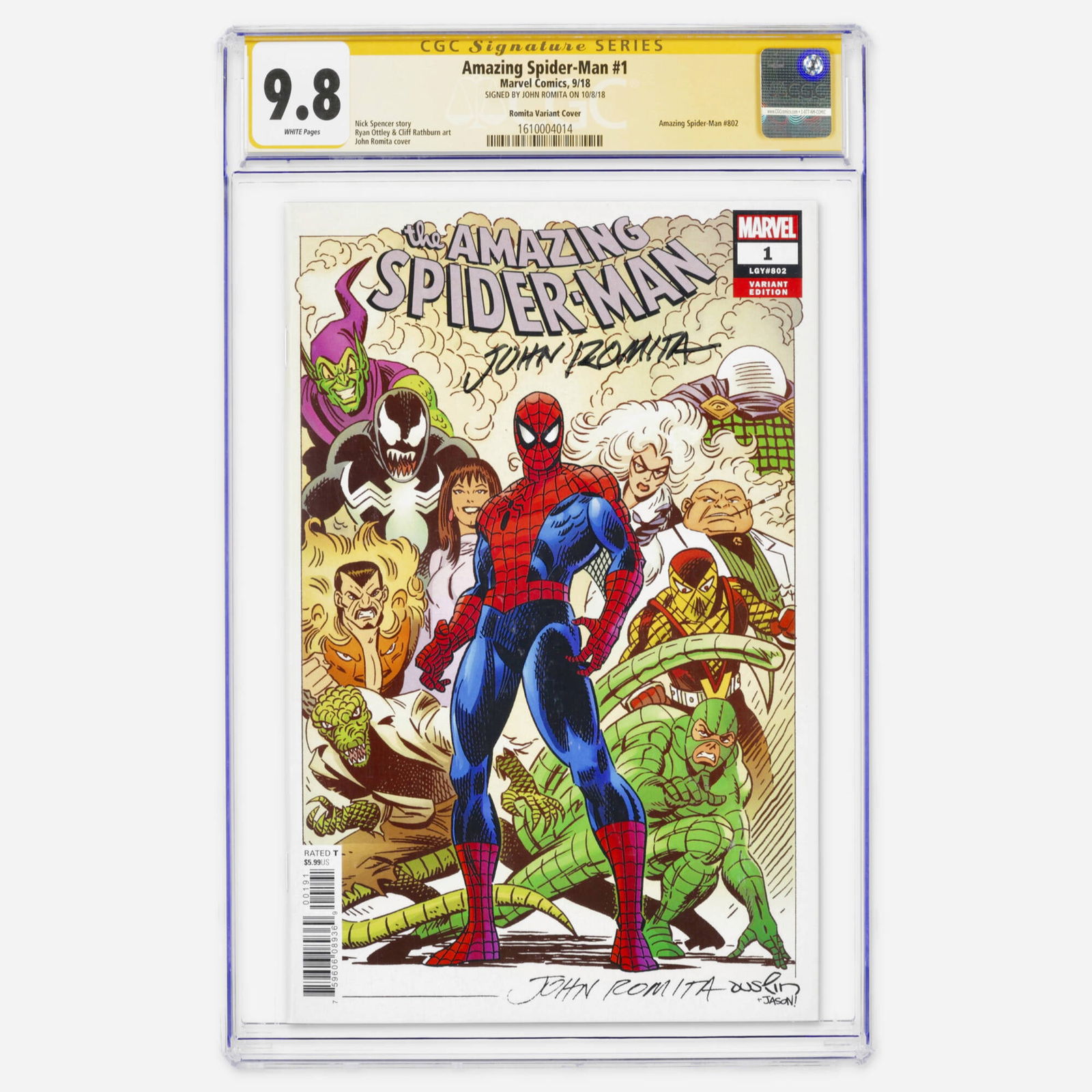 Marvel Comics Amazing Spider-Man #1 CGC 9.8 Romita Variant Signature Series John Romita Sr.: Marvel Comics Amazing Spider-Man #1 CGC 9.8 Romita Variant Signature Series John Romita Sr. USA, 2018 A Modern Age milestone as Amazing Spider-Man #802 featuring the first appearance of Kindred. This
