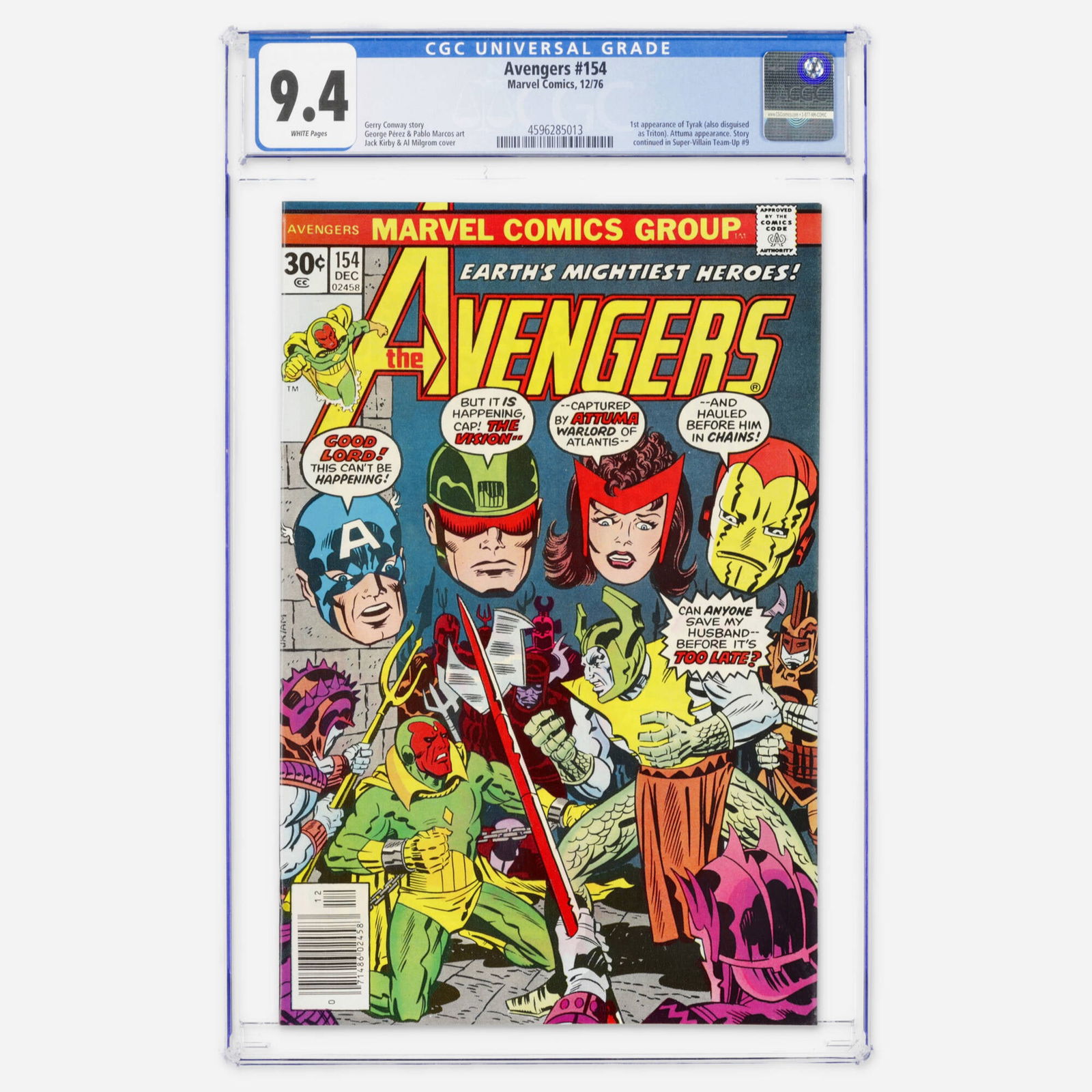 Marvel Comics Avengers #154 CGC 9.4: Marvel Comics Avengers #154 CGC 9.4 USA, 1976 A Bronze Age classic featuring the first appearance of Tyrak. The creative team includes writer Gerry Conway, artist George Perez, and cover artist