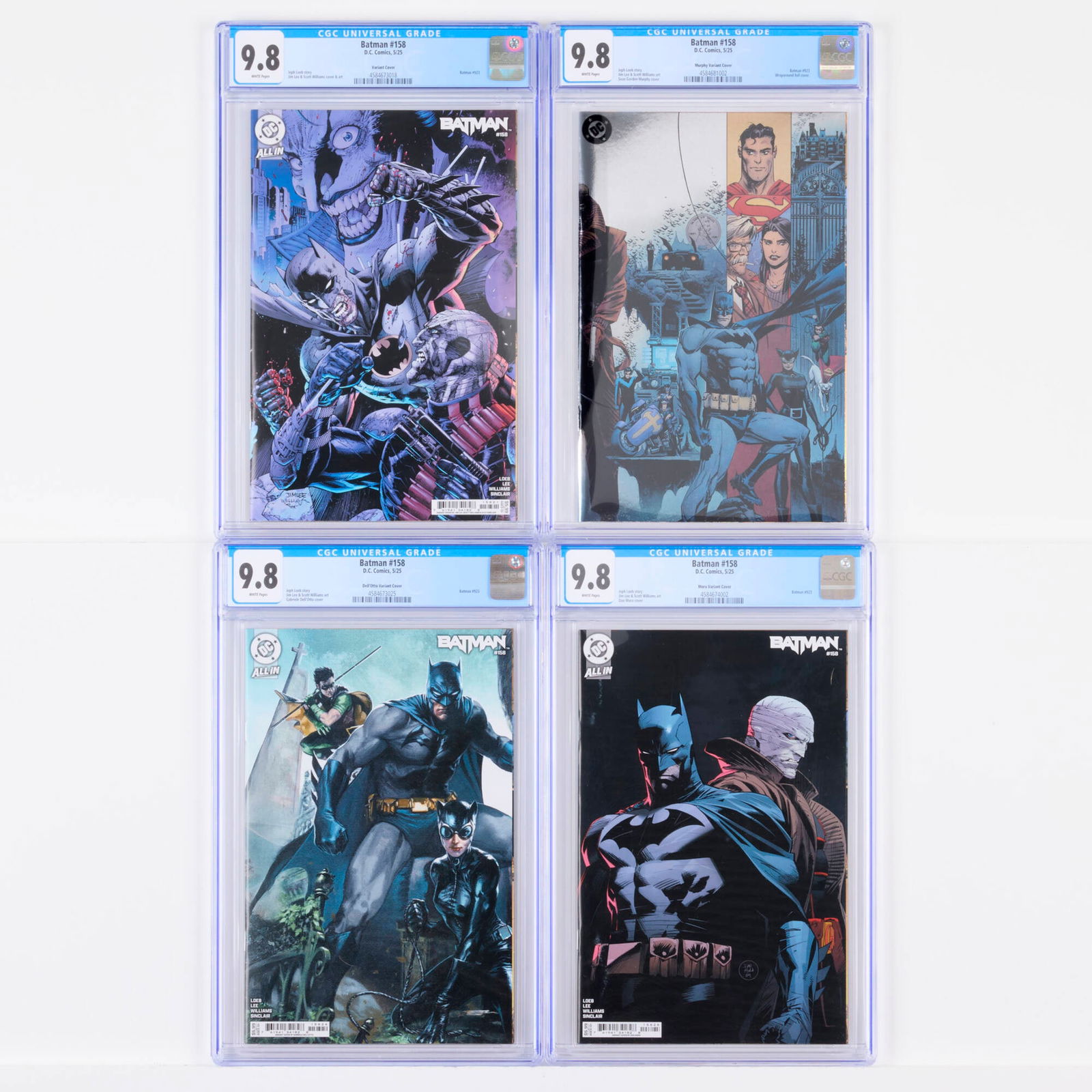 4 DC Comics Batman #158 Variant CGC 9.8 Group: 4 DC Comics Batman #158 Variant CGC 9.8 Group USA, 2025 DC Comics Batman #158 CGC 9.8 Dell'Otto Variant (5/25) CGC#: 4584673025Population: 84 in 9.8, 0 higher view cgc certificationPage Quality: