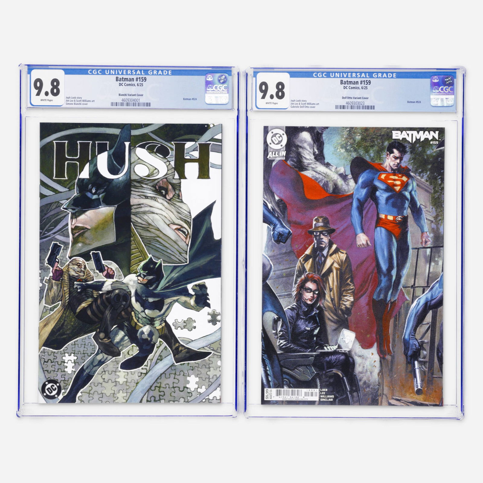 2 DC Comics Batman #159 Bianchi and Dell'Otto Variant CGC 9.8 Group: 2 DC Comics Batman #159 Bianchi and Dell'Otto Variant CGC 9.8 Group USA, 2025 DC Comics Batman #159 CGC 9.8 Bianchi Variant (6/25) CGC#: 4609304001Population: 18 in 9.8, 1 higherview cgc