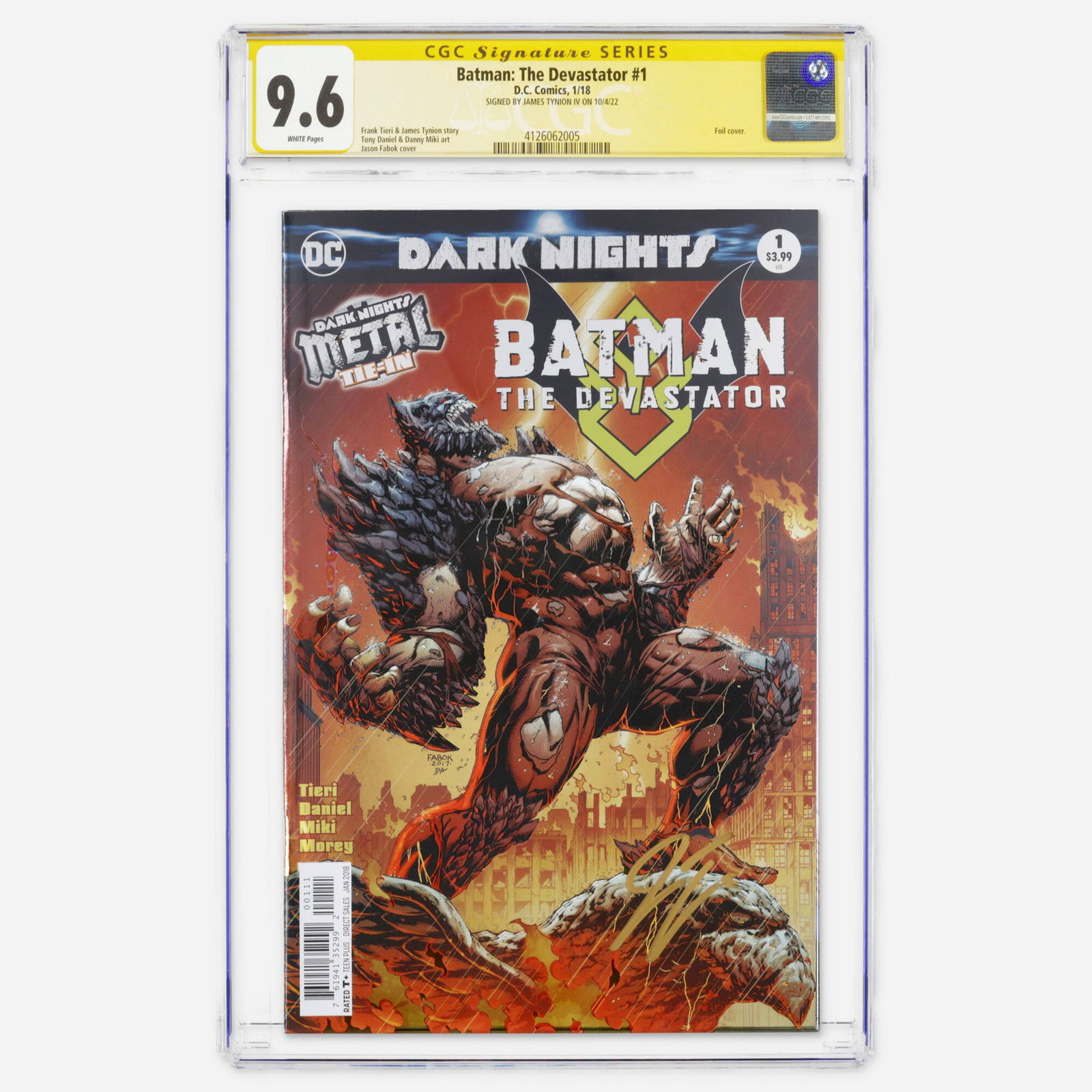DC Comics Batman: The Devastator #1 CGC 9.6 Signature Series James Tynion IV: DC Comics Batman: The Devastator #1 CGC 9.6 Signature Series James Tynion IV USA, 2018 This Modern Age issue features a foil cover and a story by Frank Tieri and James Tynion IV. It is notably signed