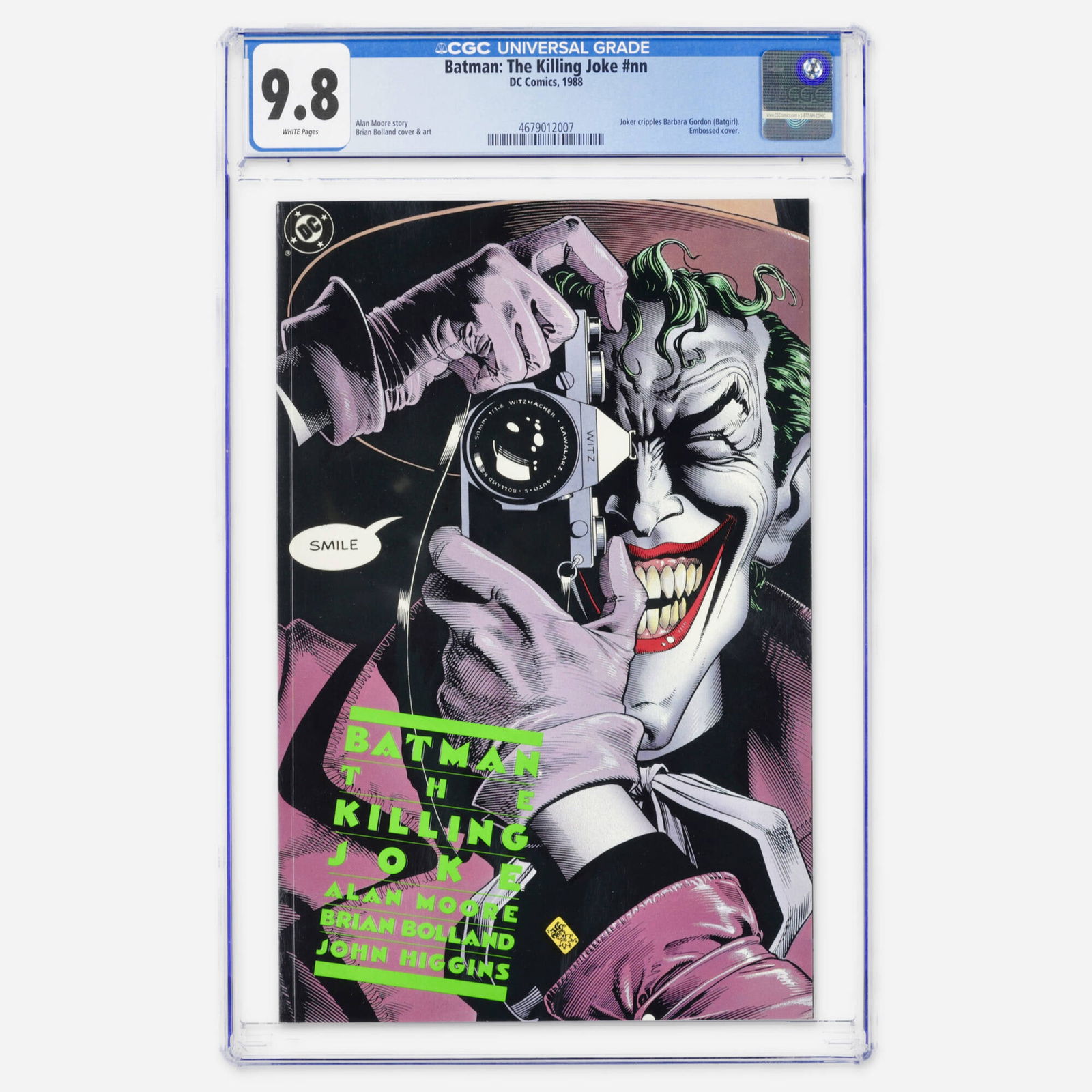 DC Comics Batman: The Killing Joke #nn CGC 9.8: DC Comics Batman: The Killing Joke #nn CGC 9.8 USA, 1988 A Modern Age masterpiece where the Joker cripples Barbara Gordon (Batgirl). This embossed cover edition features a legendary story by Alan Moor