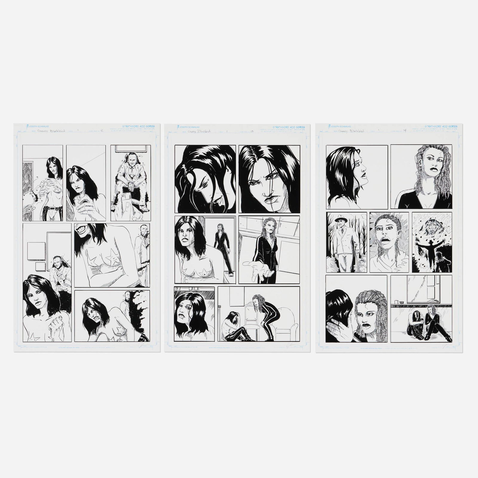 Joseph Schmalke, Cherry Blackbird #1 Story Pages 12, 13, and 14 Original Art (Scout Comics, 2021): Joseph Schmalke Cherry Blackbird #1 Story Pages 12, 13, and 14 Original Art (Scout Comics, 2021) Artist Proof on Cardstock bristol: 17 h x 11 w in (43 x 28 cm) Condition Notes: Artist Proofs are