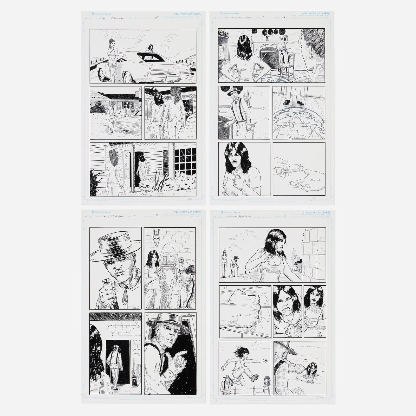 Joseph Schmalke, Cherry Blackbird #1 Story Pages 15, 16, 17, and 18 Original Art (Scout Comics,: Joseph Schmalke Cherry Blackbird #1 Story Pages 15, 16, 17, and 18 Original Art (Scout Comics, 2021) Artist Proof on Cardstock bristol: 17 h x 11 w in (43 x 28 cm) Condition Notes: Artist Proofs