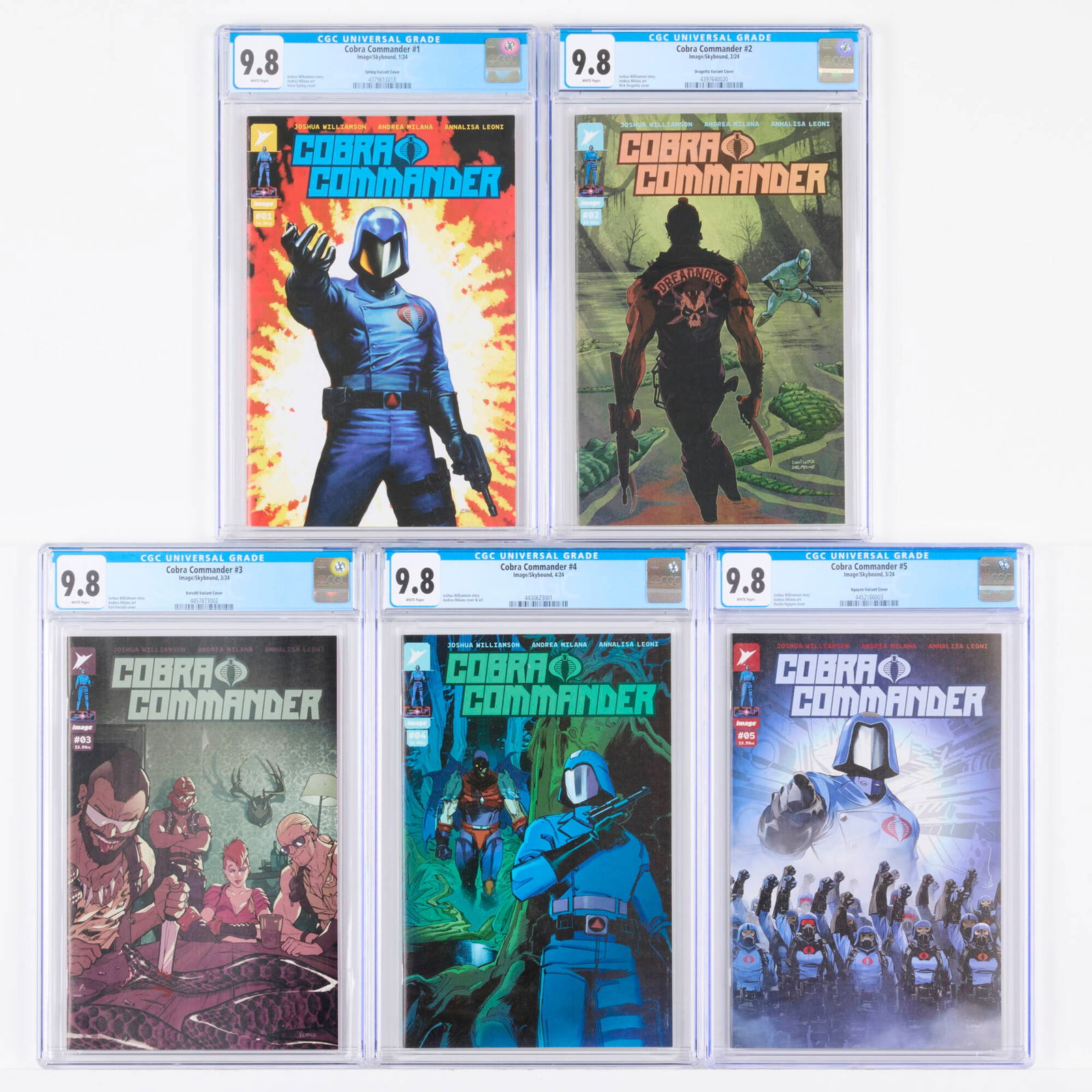 5 Image/Skybound Cobra Commander #1-#5 CGC 9.8 Group: 5 Image/Skybound Cobra Commander #1-#5 CGC 9.8 Group USA, 2024 Image/Skybound Cobra Commander #1 CGC 9.8 Epting Variant (1/24) CGC#: 4379613018Population: 74 in 9.8, 0 higher view cgc