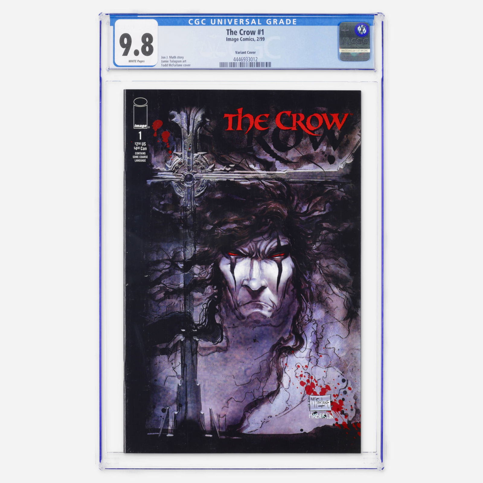 Image Comics The Crow #1 CGC 9.8 Variant Cover: Image Comics The Crow #1 CGC 9.8 Variant Cover USA, 1999 This Modern Age variant features a striking cover by Todd McFarlane. The story is written by Jon J. Muth with art by Jamie Tolagson. This
