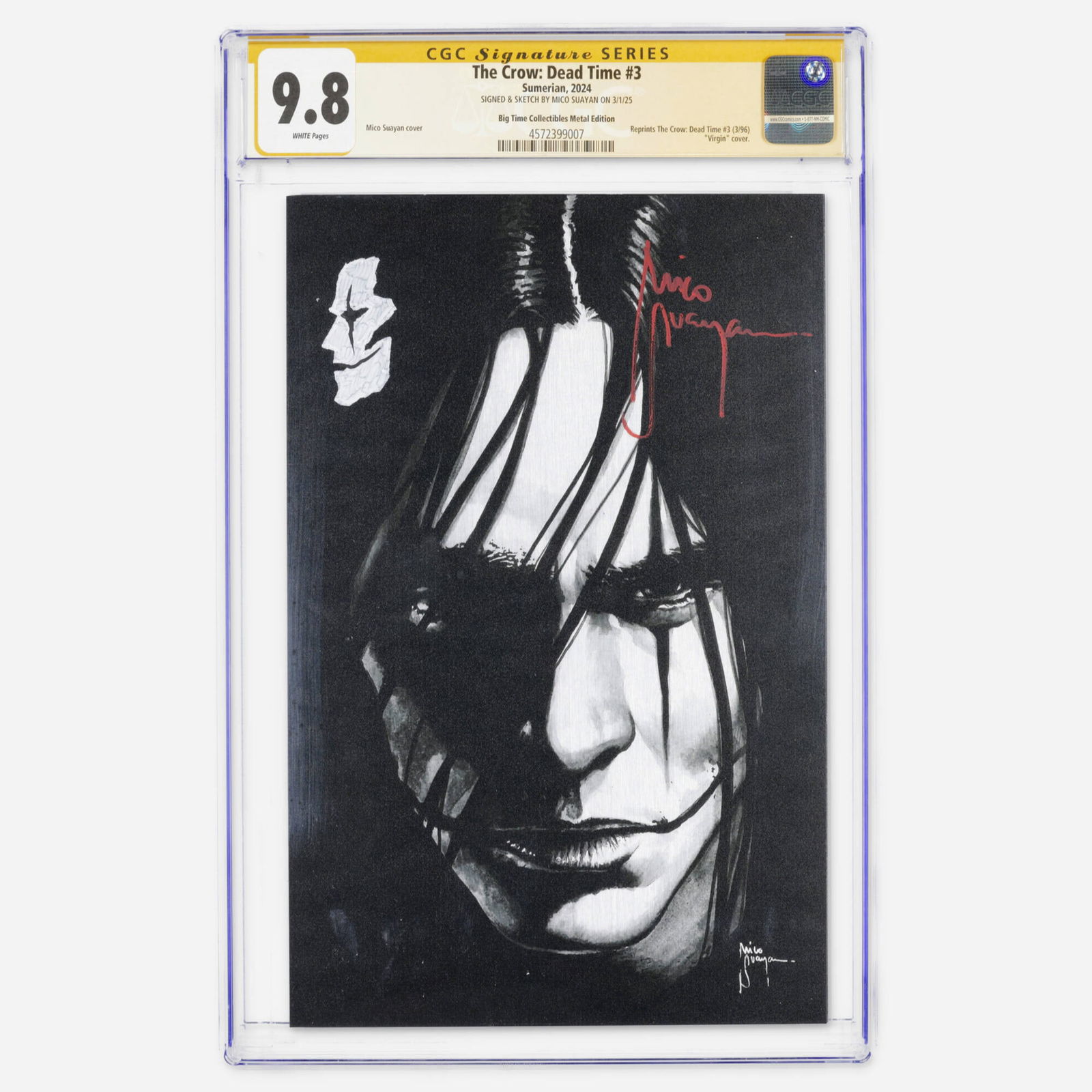 Sumerian The Crow: Dead Time #3 CGC 9.8 Big Time Collectibles Metal Edition Signature Series: Sumerian The Crow: Dead Time #3 CGC 9.8 Big Time Collectibles Metal Edition Signature Series Mico Suayan USA, 2024 A Modern Age metal edition signed and sketched by Mico Suayan featuring a Virgin
