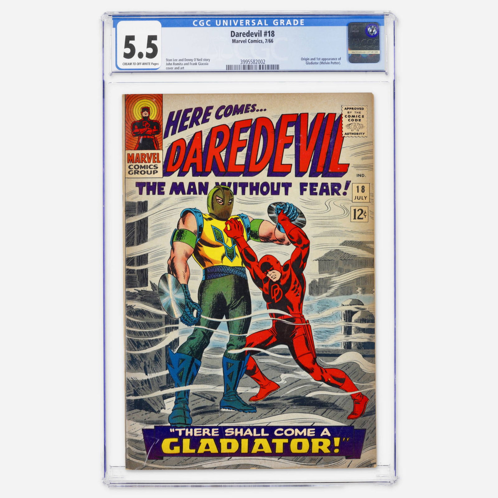 Marvel Comics Daredevil #18 CGC 5.5: Marvel Comics Daredevil #18 CGC 5.5 USA, 1966 This Silver Age classic features the origin and first appearance of Gladiator (Melvin Potter). It was written by Stan Lee and Denny O'Neil with art by