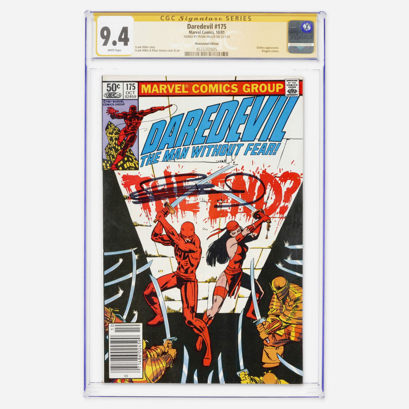 Marvel Comics Daredevil #175 CGC 9.4 Newsstand Signature Series Frank Miller: Marvel Comics Daredevil #175 CGC 9.4 Newsstand Signature Series Frank Miller USA, 1981 This Bronze Age issue features an Elektra appearance and a Kingpin cameo. Written by Frank Miller with art by