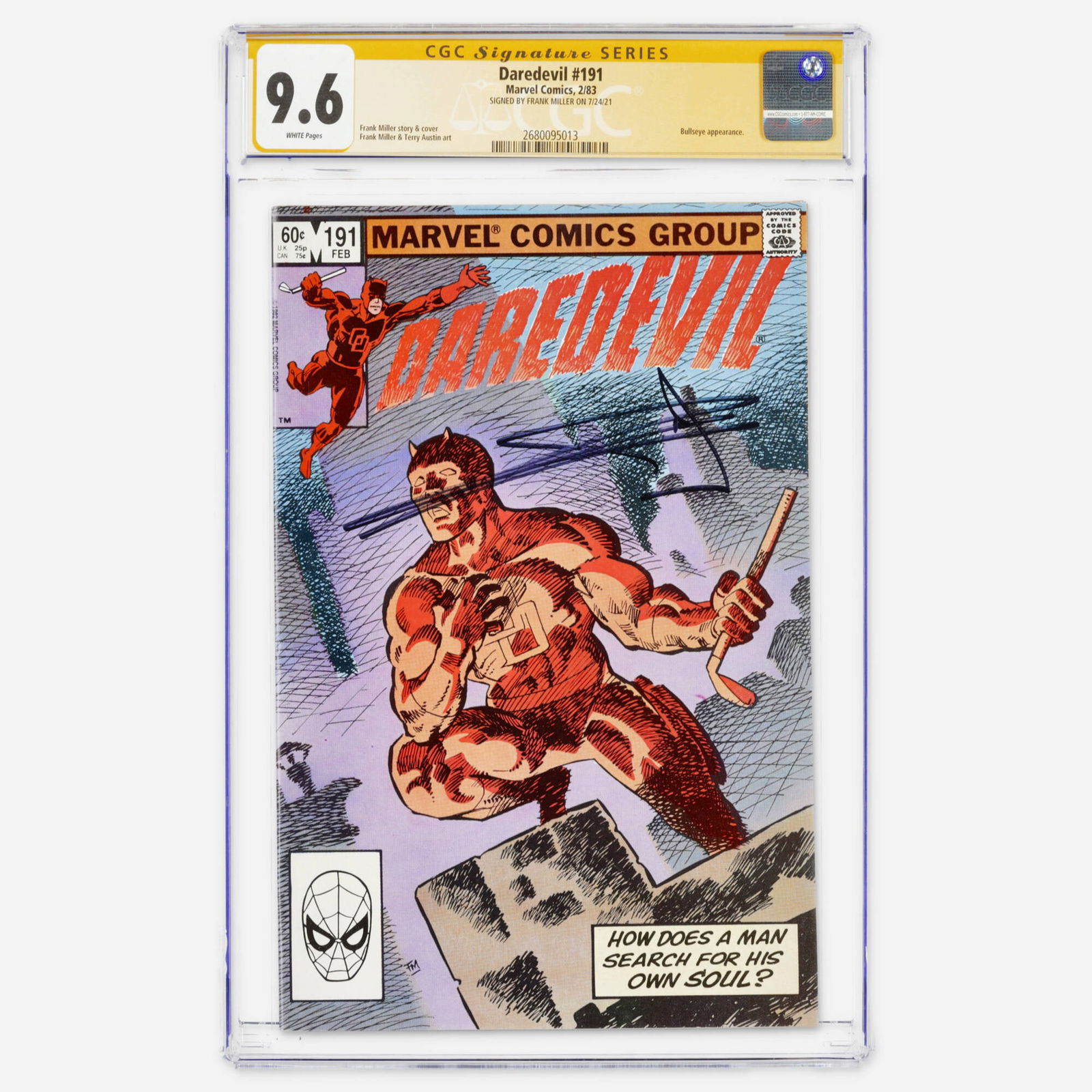Marvel Comics Daredevil #191 CGC 9.6 Signature Series Frank Miller: Marvel Comics Daredevil #191 CGC 9.6 Signature Series Frank Miller USA, 1983 This Bronze Age story features a Bullseye appearance and is signed by Frank Miller. The book showcases the writing,