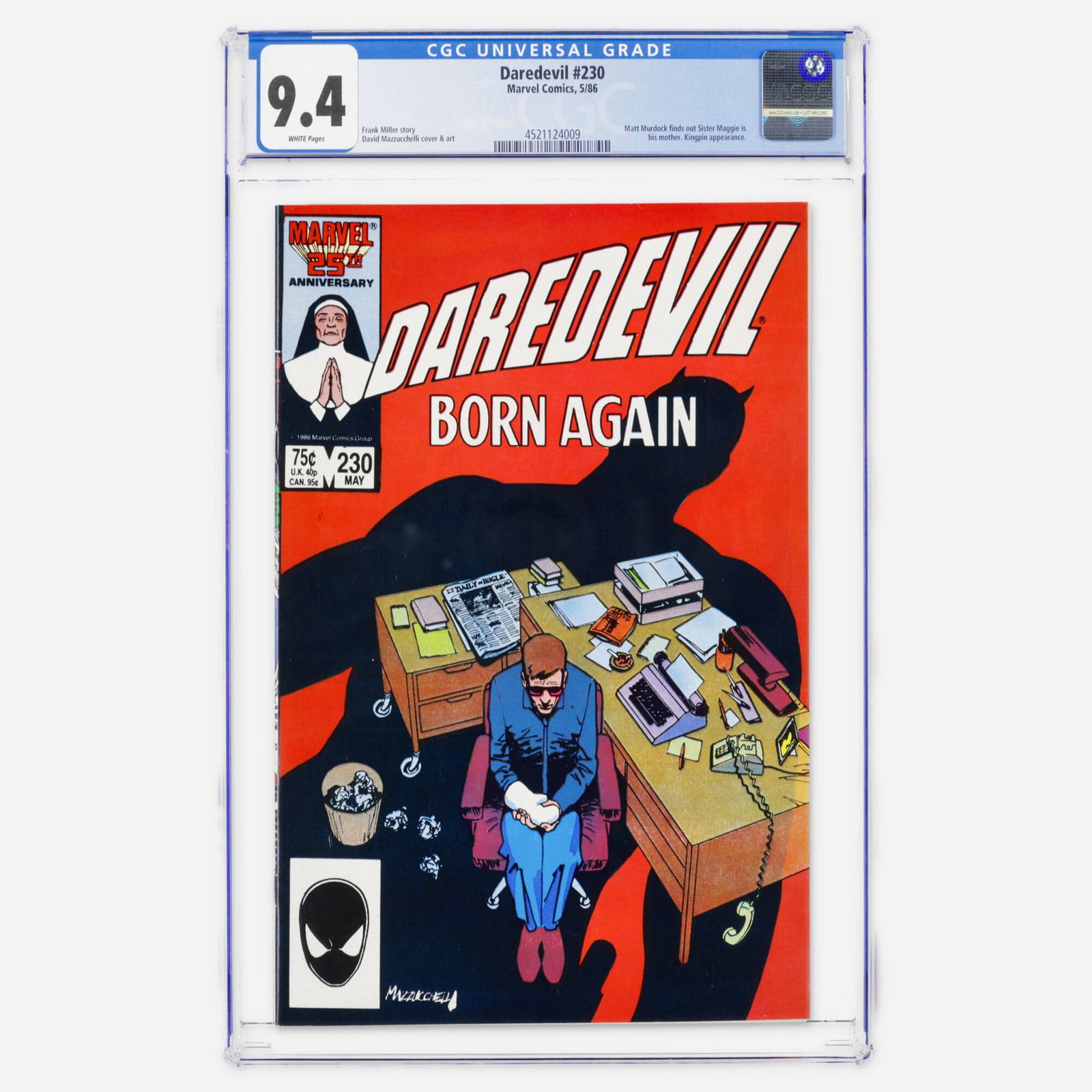 Marvel Comics Daredevil #230 CGC 9.4: Marvel Comics Daredevil #230 CGC 9.4 USA, 1986 Part of the Born Again saga, Matt Murdock finds out Sister Maggie is his mother in this Modern Age issue. It features a story by Frank Miller and art by