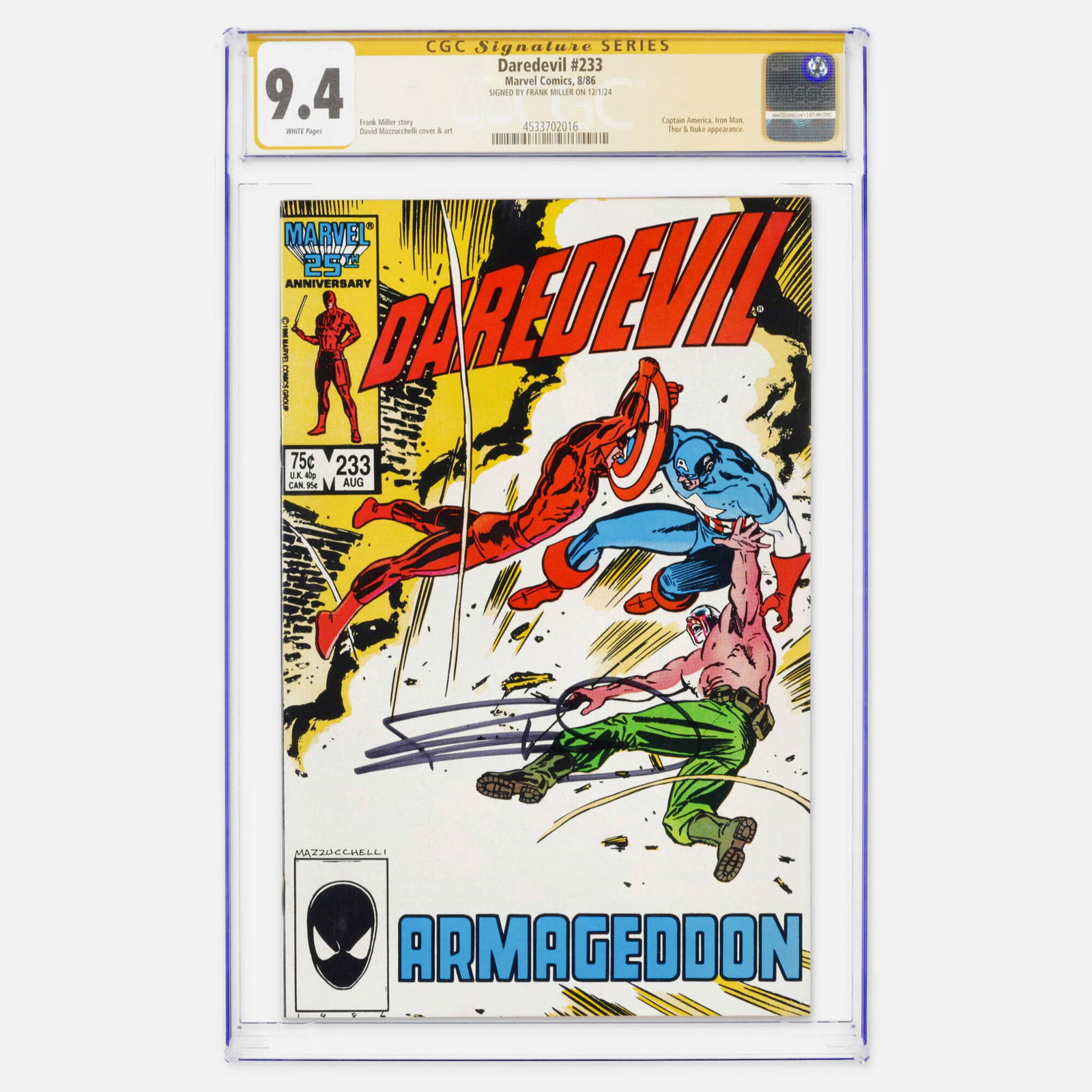 Marvel Comics Daredevil #233 CGC 9.4 Signature Series Frank Miller: Marvel Comics Daredevil #233 CGC 9.4 Signature Series Frank Miller USA, 1986 This Modern Age finale to Born Again features appearances by Captain America, Iron Man, Thor and Nuke. Written by Frank Mil
