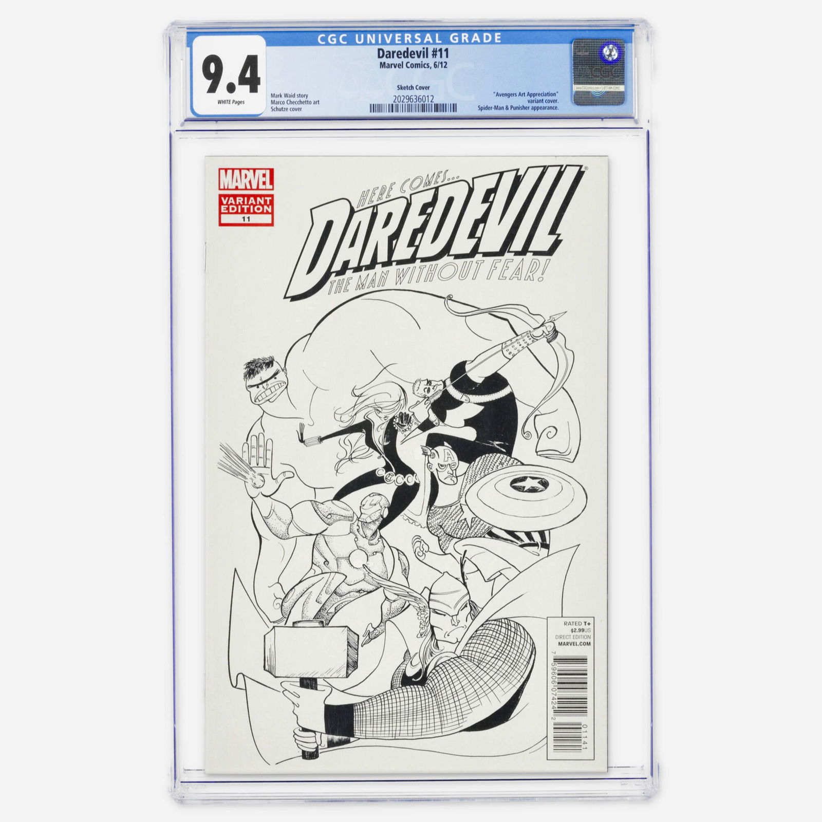 Marvel Comics Daredevil #11 CGC 9.4 Sketch Cover: Marvel Comics Daredevil #11 CGC 9.4 Sketch Cover USA, 2012 This Modern Age Avengers Art Appreciation variant cover includes Punisher and Spider-Man appearances. It is written by Mark Waid with art
