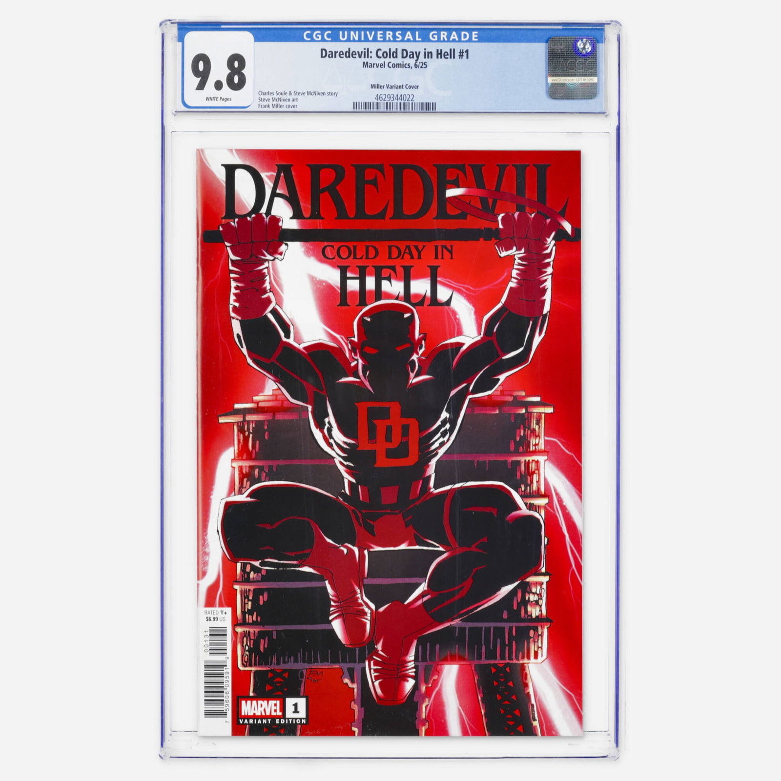 Marvel Comics Daredevil: Cold Day in Hell #1 CGC 9.8 Miller Variant Cover: Marvel Comics Daredevil: Cold Day in Hell #1 CGC 9.8 Miller Variant Cover USA, 2025 This Modern Age release features a story by Charles Soule and Steve McNiven with a variant cover by Frank Miller. Th