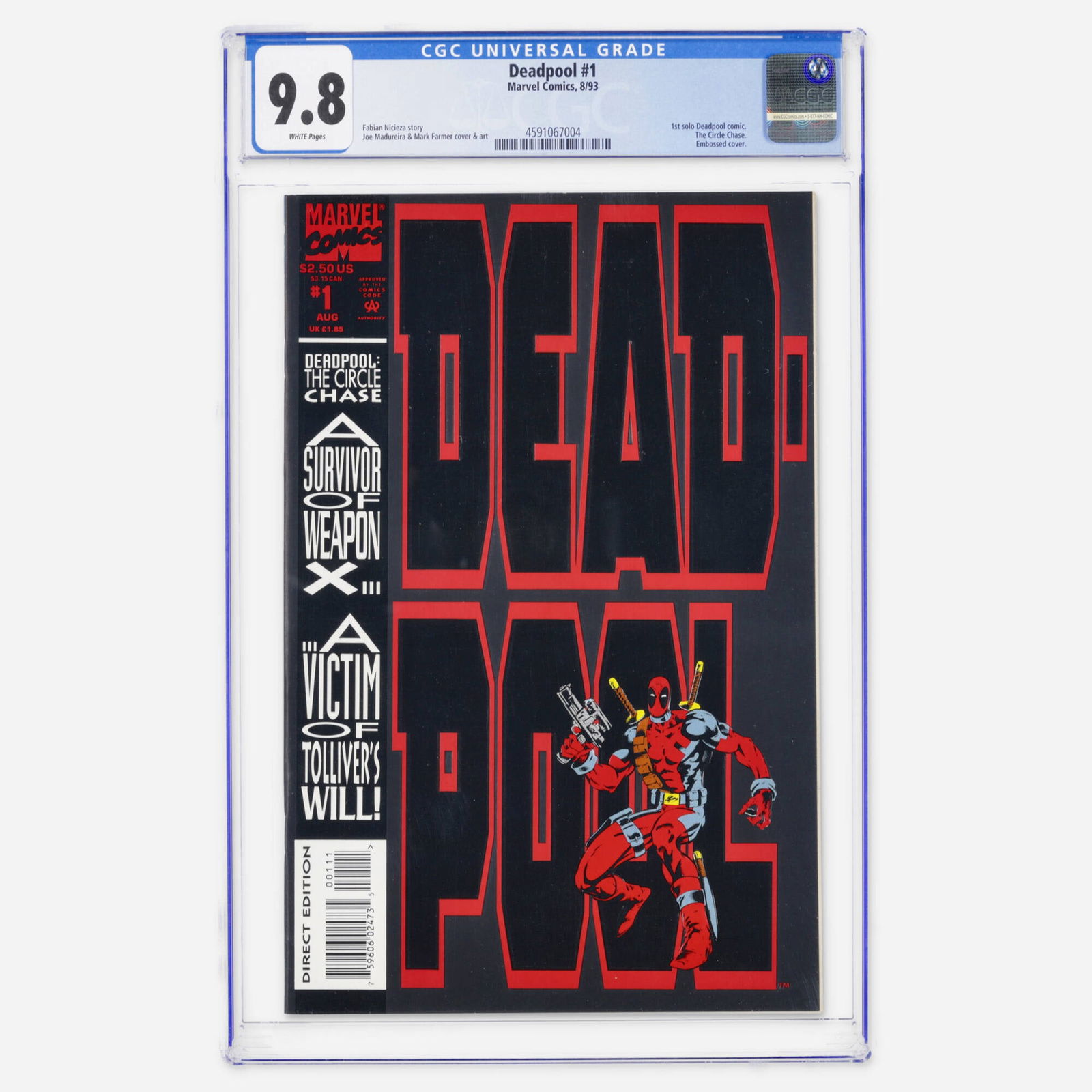 Marvel Comics Deadpool #1 CGC 9.8: Marvel Comics Deadpool #1 CGC 9.8 USA, 1993 A Modern Age milestone featuring the first solo Deadpool comic in The Circle Chase with an embossed cover. The creative team includes Fabian Nicieza on stor