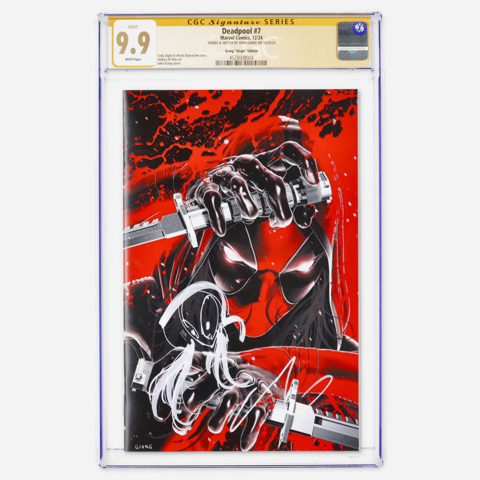 Marvel Comics Deadpool #7 CGC 9.9 Giang Virgin Edition A Signature Series John Giang: Marvel Comics Deadpool #7 CGC 9.9 Giang Virgin Edition A Signature Series John Giang USA, 2024 This Modern Age 9.9 mint copy features a story by Cody Ziglar and is signed and sketched by John