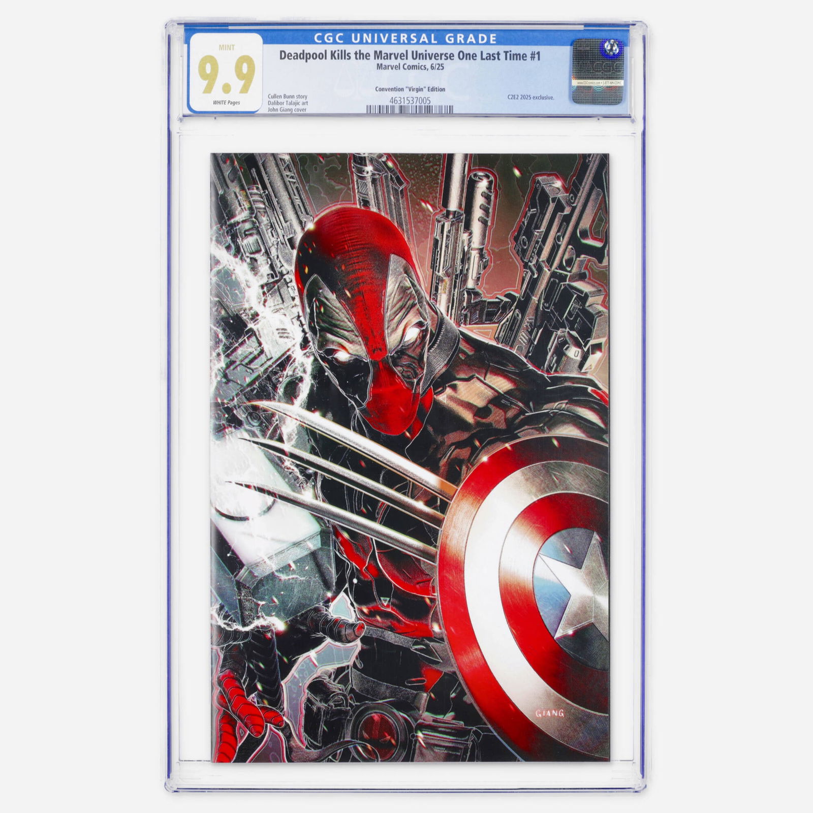 Marvel Comics Deadpool Kills the Marvel Universe One Last Time #1 CGC 9.9 Convention "Virgin": Marvel Comics Deadpool Kills the Marvel Universe One Last Time #1 CGC 9.9 Convention "Virgin" Edition USA, 2025 This Modern Age C2E2 2025 exclusive features a cover by John Giang and a story by
