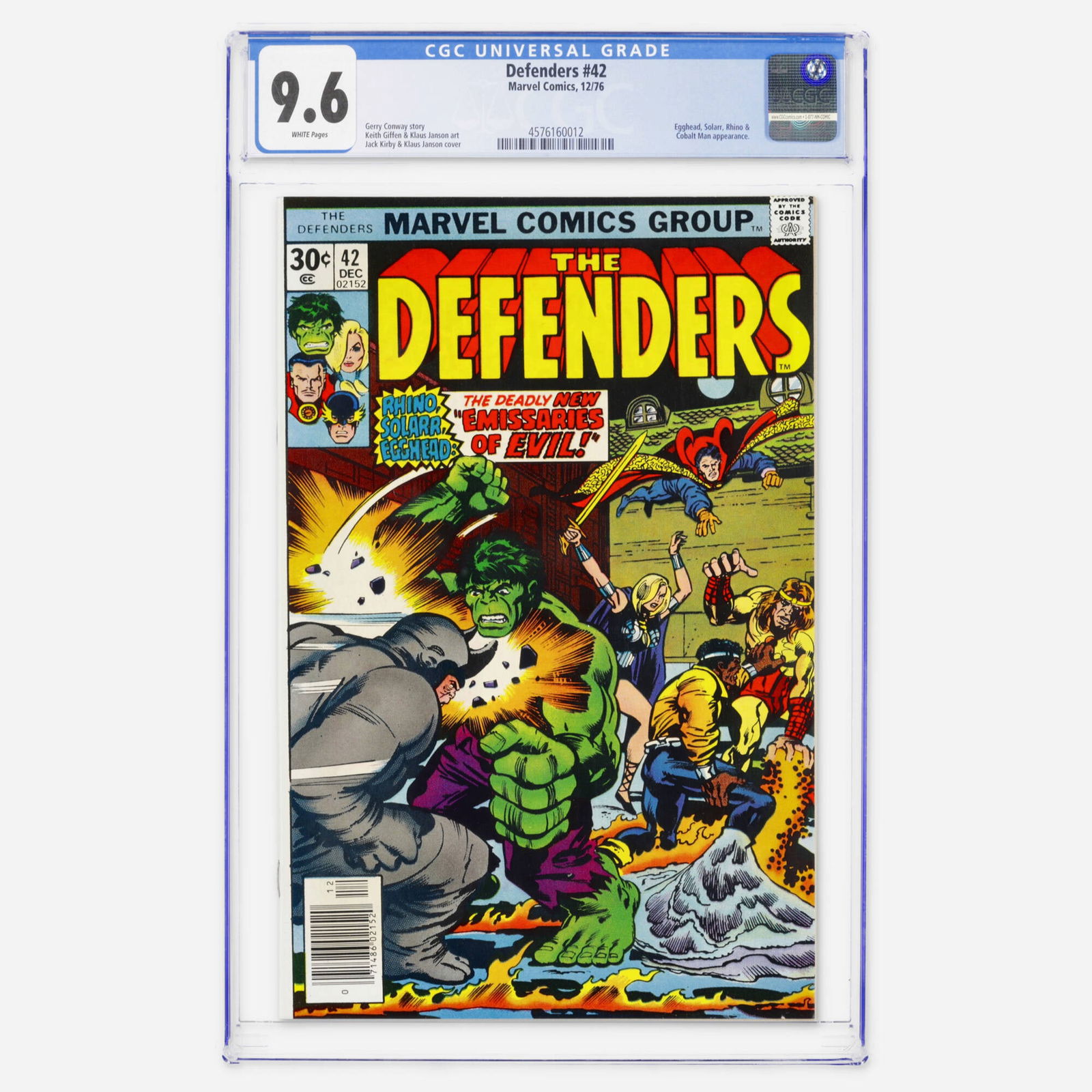 Marvel Comics Defenders #42 CGC 9.6: Marvel Comics Defenders #42 CGC 9.6 USA, 1976 This Bronze Age story features Egghead, Solarr, Rhino and Cobalt Man appearances. It includes a story by Gerry Conway and a cover by the legendary Jack Ki