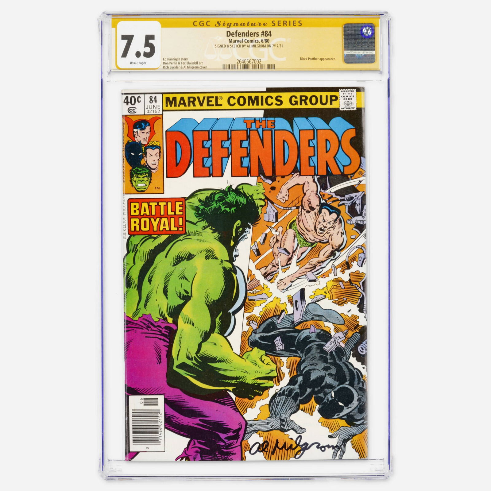 Marvel Comics Defenders #84 CGC 7.5 Signature Series Al Milgrom: Marvel Comics Defenders #84 CGC 7.5 Signature Series Al Milgrom USA, 1980 A Bronze Age newsstand issue featuring a Black Panther appearance. This copy is uniquely signed and sketched by Al Milgrom, wi