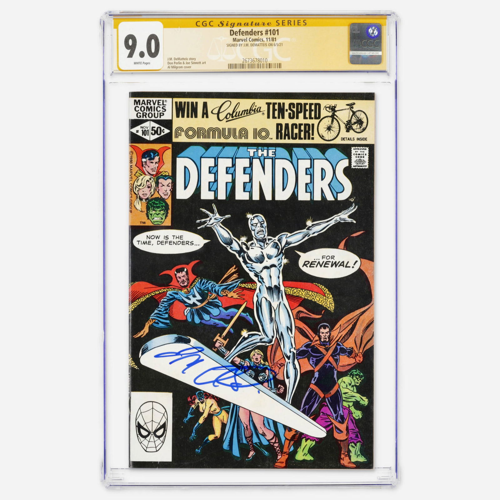 Marvel Comics Defenders #101 CGC 9.0 Signature Series J.M. Dematteis: Marvel Comics Defenders #101 CGC 9.0 Signature Series J.M. Dematteis USA, 1981 This Bronze Age issue is written by J.M. DeMatteis and is notably signed by J.M. DeMatteis. It features art by Don Perlin