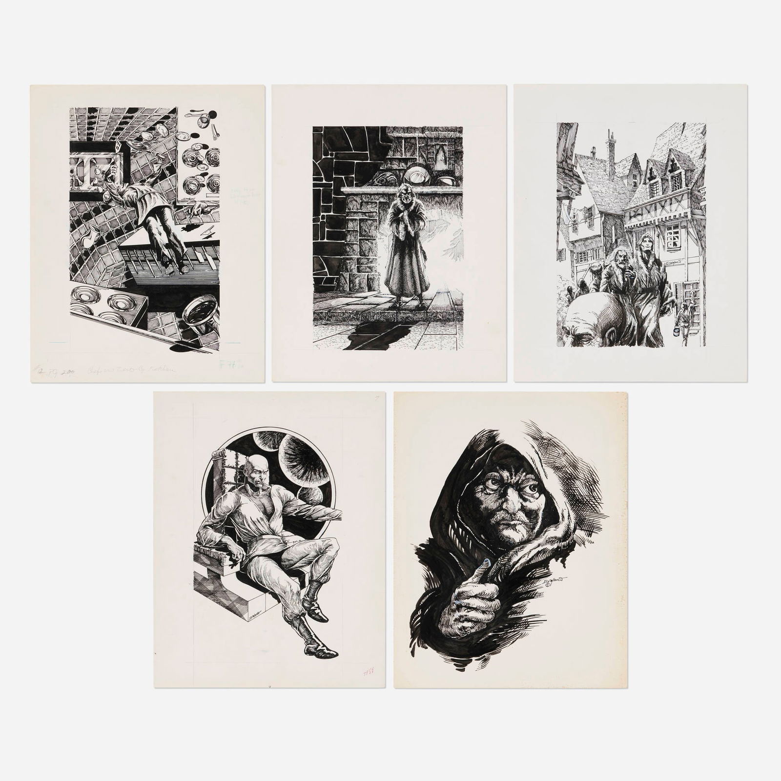 Rick DeMarco, Group of 5 Chapter Illustrations: Rick DeMarco Group of 5 Chapter Illustrations pencil and ink on Bristol board 14 h x 11 w in (36 x 28 cm) Condition Notes: Scattered foxing to margins of one example, otherwise art