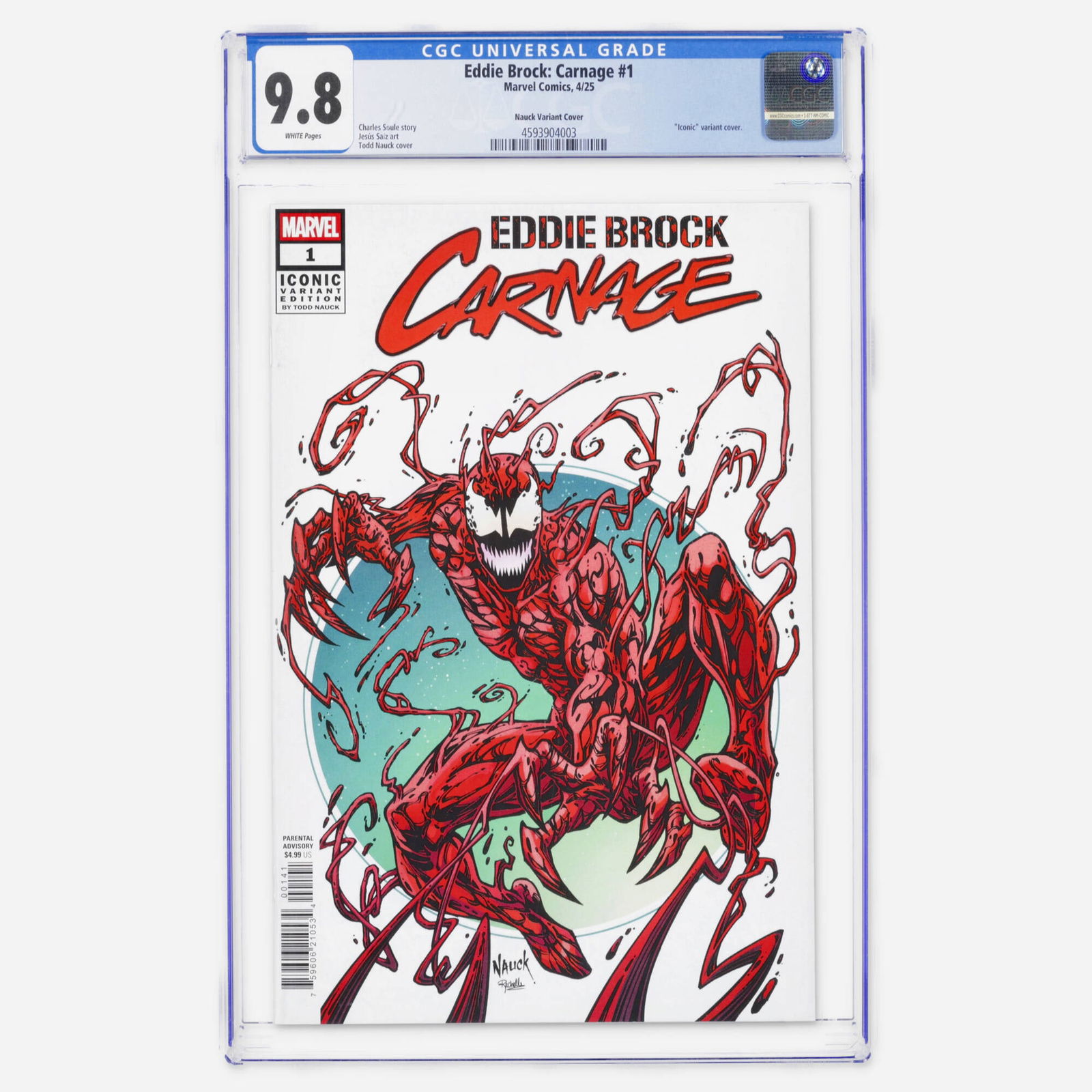 Marvel Comics Eddie Brock: Carnage #1 CGC 9.8 Nauck Variant Cover: Marvel Comics Eddie Brock: Carnage #1 CGC 9.8 Nauck Variant Cover USA, 2025 This Modern Age issue features the iconic variant cover by Todd Nauck. Written by Charles Soule with art by Jesus Saiz, this