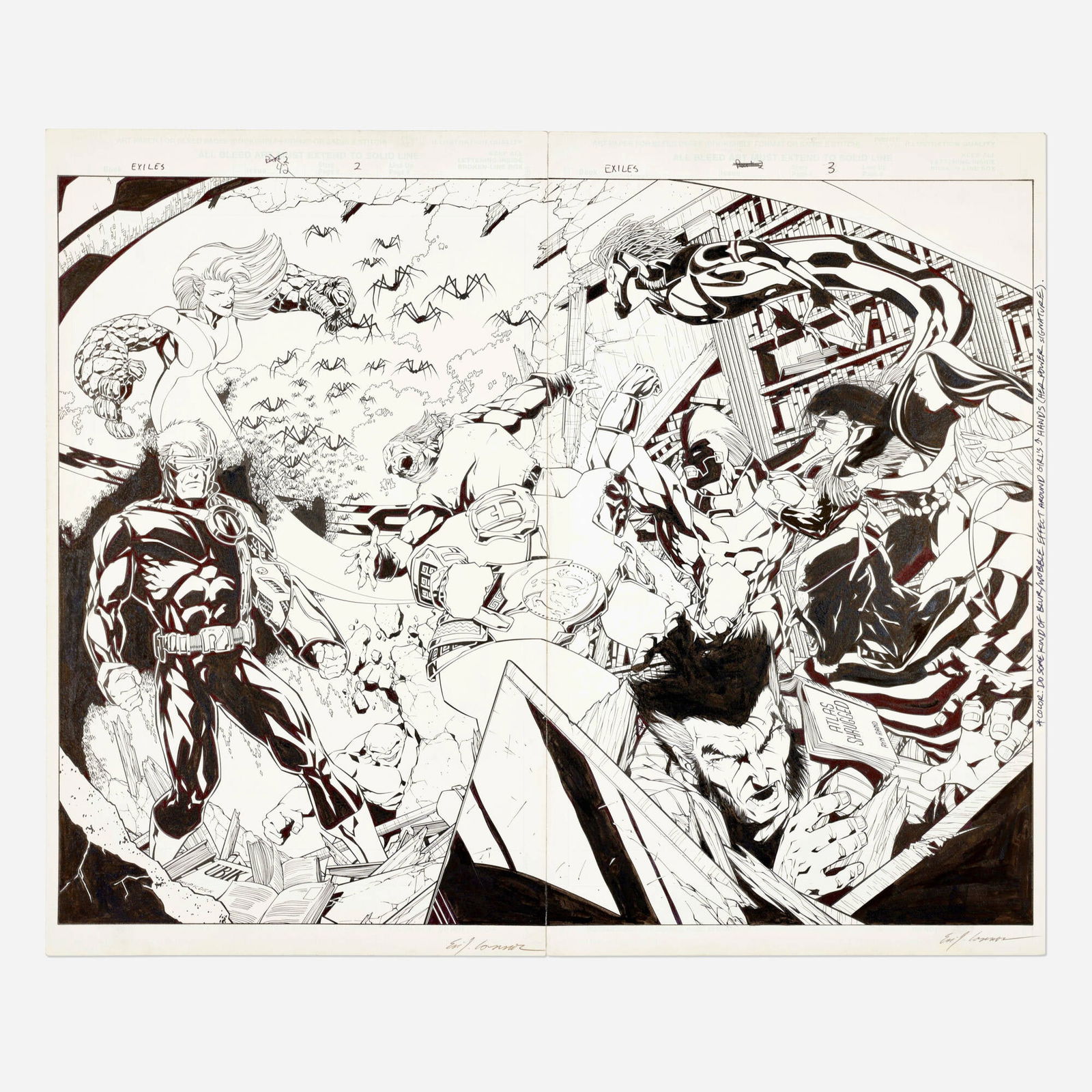 Jim Calafiore and Eric Cannon, Exiles #42 Story Pages 2 and 3 Original Art (Marvel Comics, 2004): Jim Calafiore and Eric Cannon Exiles #42 Story Pages 2 and 3 Original Art (Marvel Comics, 2004) pencil and ink on Bristol board 17 h x 21 w in (43 x 53 cm) Condition Notes: Some wea