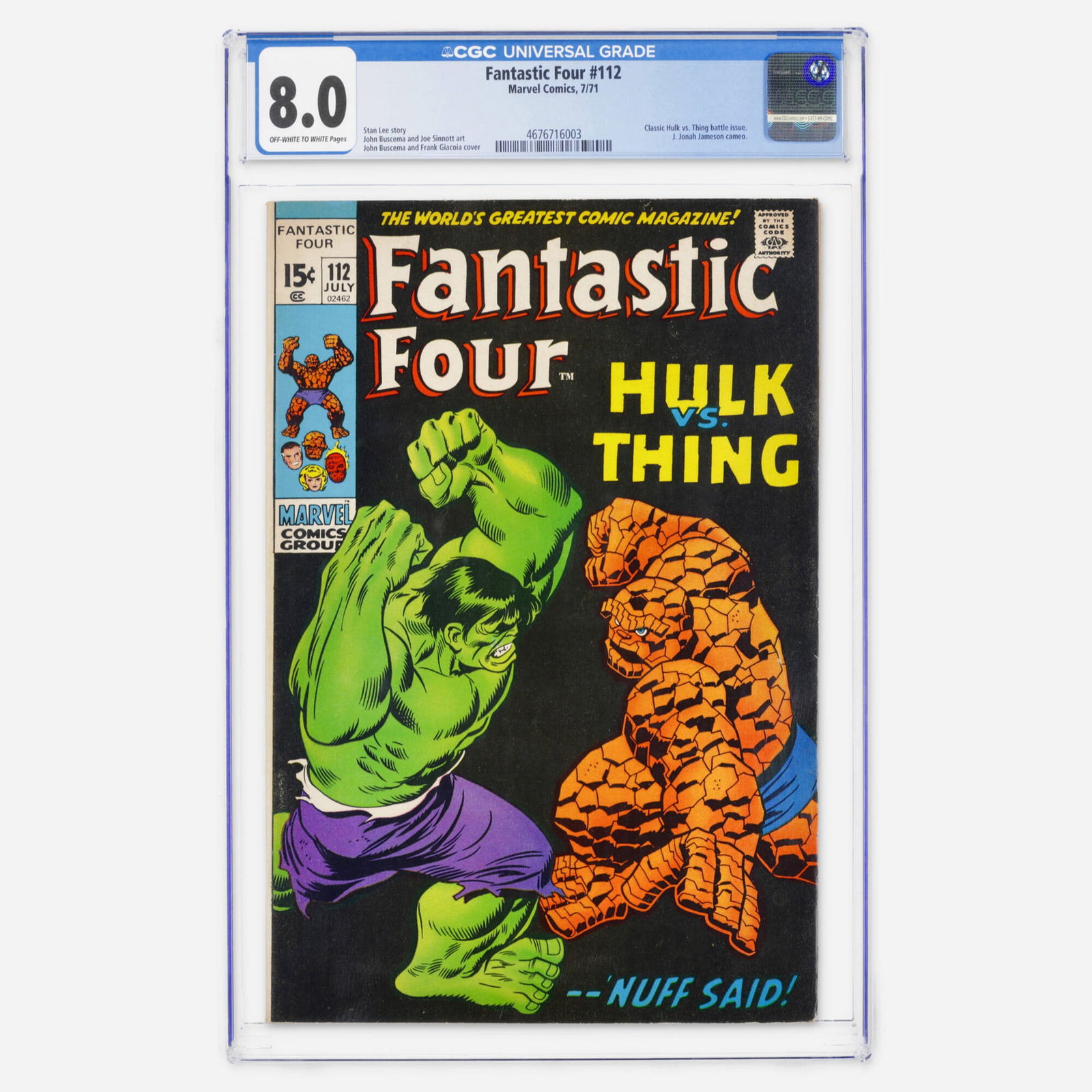 Marvel Comics Fantastic Four #112 CGC 8.0: Marvel Comics Fantastic Four #112 CGC 8.0 USA, 1971 A Bronze Age classic featuring the classic Hulk vs. Thing battle and a J. Jonah Jameson cameo. It is written by Stan Lee with art and cover by John