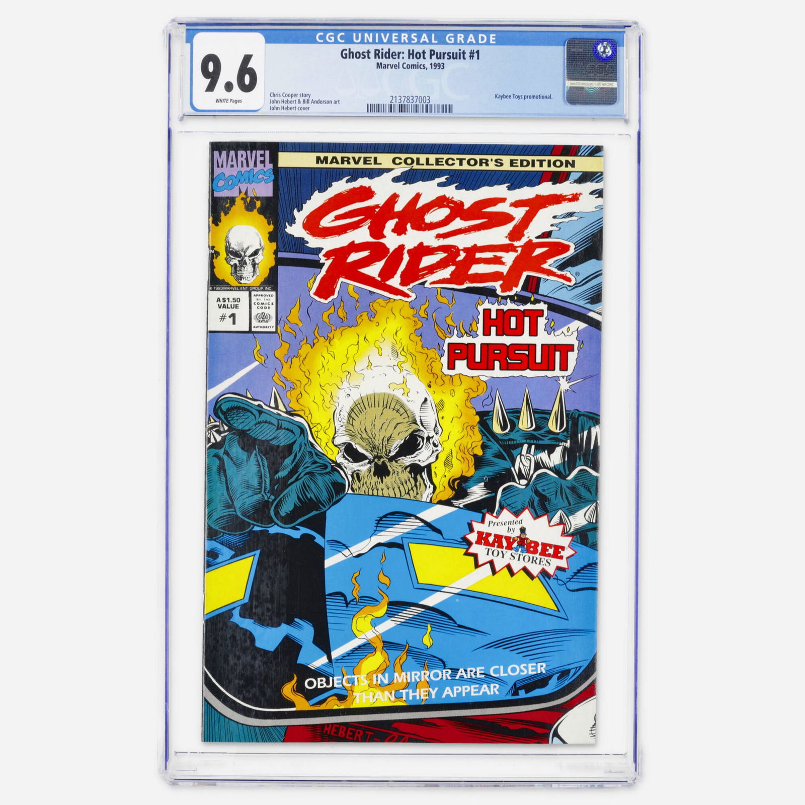 Marvel Comics Ghost Rider: Hot Pursuit #1 CGC 9.6: Marvel Comics Ghost Rider: Hot Pursuit #1 CGC 9.6 USA, 1993 This Modern Age book is a Kaybee Toys promotional issue. It features a story by Chris Cooper and a cover by John Hebert. CGC#: