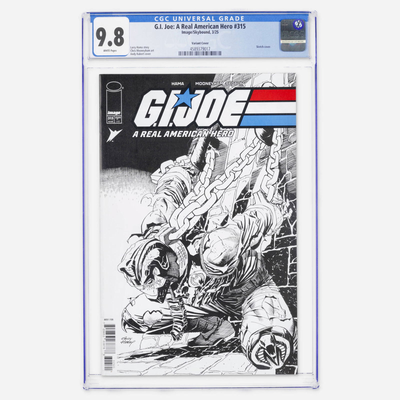 Image/Skybound G.I. Joe: A Real American Hero #315 CGC 9.8 Variant Cover: Image/Skybound G.I. Joe: A Real American Hero #315 CGC 9.8 Variant Cover USA, 2025 A Modern Age sketch cover variant by Andy Kubert for the long-running series written by Larry Hama. This copy