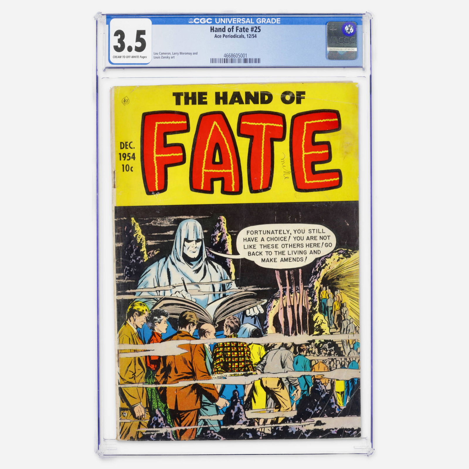 Ace Periodicals Hand of Fate #25 CGC 3.5: Ace Periodicals Hand of Fate #25 CGC 3.5 USA, 1954 This Golden Age horror/suspense title features art by Lou Cameron, Larry Woromay, and Louis Zansky. Pre-Code horror examples from this era remain hig