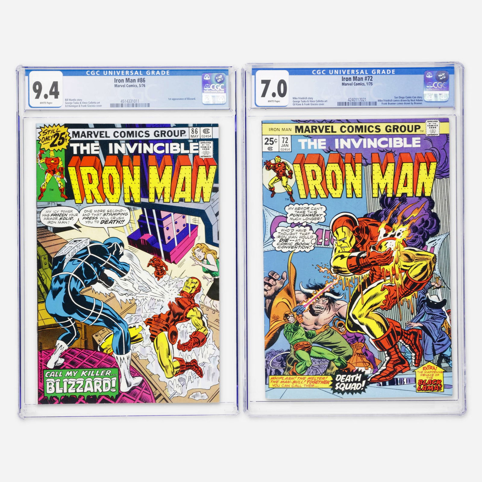 2 Marvel Comics Iron Man #72 and #86 CGC Group: 2 Marvel Comics Iron Man #72 and #86 CGC Group USA, 20th Century Marvel Comics Iron Man #72 CGC 7.0 (1/75) CGC#: 4240117021Population: 8 in 7.0, 99 higher Grader Notes: spine stress lines breaks
