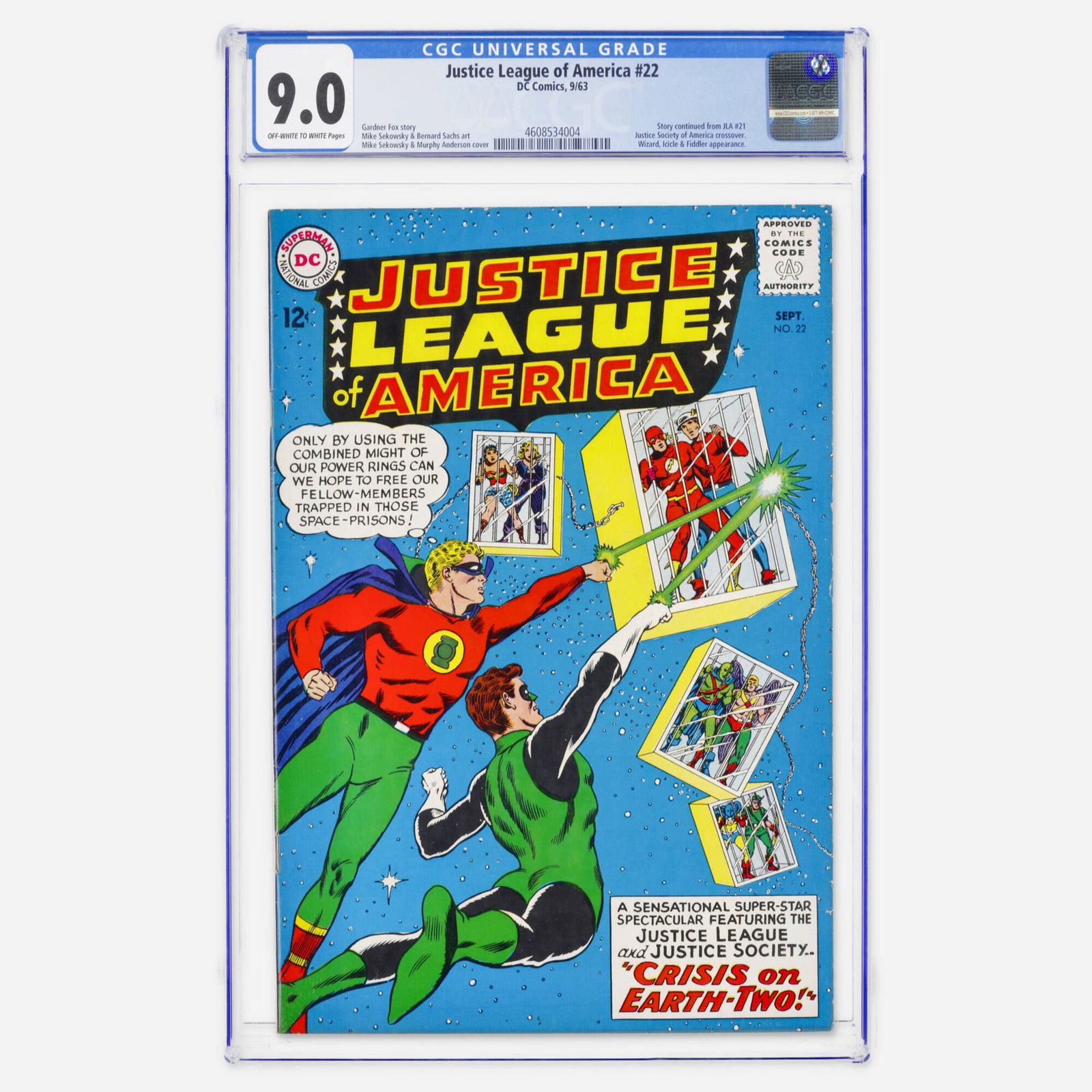 DC Comics Justice League of America #22 CGC 9.0: DC Comics Justice League of America #22 CGC 9.0 USA, 1963 A key Silver Age Justice Society of America crossover featuring the Wizard, Icicle and Fiddler. Story is written by Gardner Fox with art