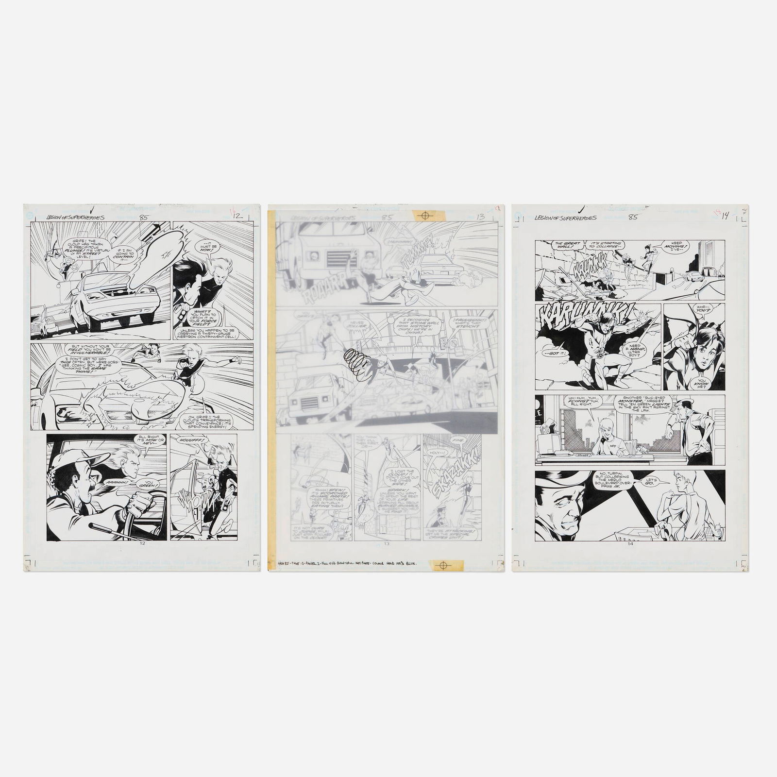 Lee Moder and Ron Boyd, Legion of Super-Heroes #85 Story Pages 12, 13, and 14 Original Art: Lee Moder and Ron Boyd Legion of Super-Heroes #85 Story Pages 12, 13, and 14 Original Art (DC Comics, 1996) pencil and ink on Bristol board, overlay with additional art and notes, word balloons