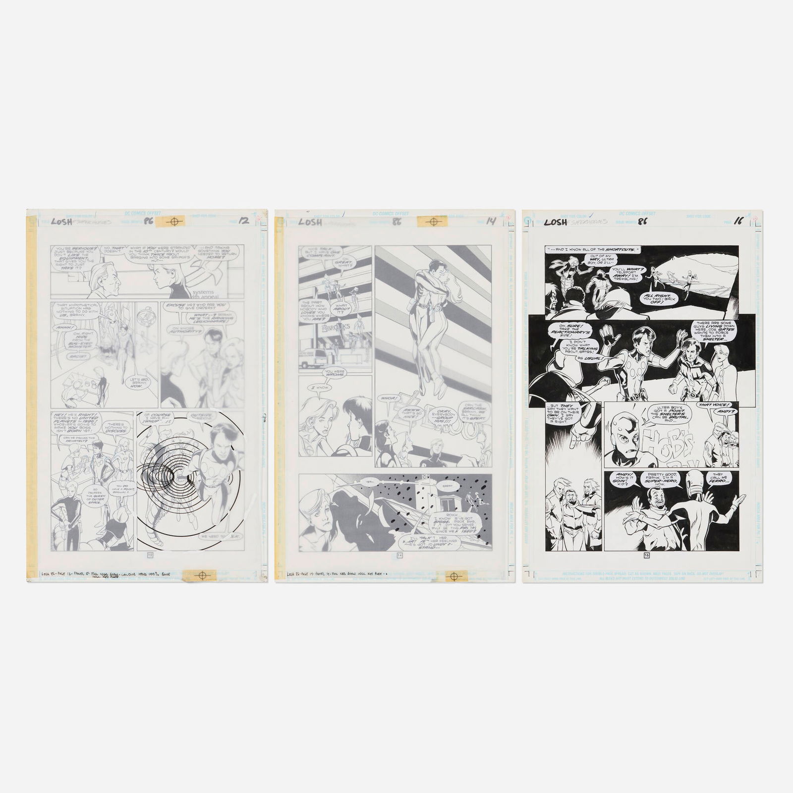 Lee Moder and Ron Boyd, Legion of Super-Heroes #86 Story Pages 12, 14, and 16 Original Art: Lee Moder and Ron Boyd Legion of Super-Heroes #86 Story Pages 12, 14, and 16 Original Art (DC Comics, 1996) pencil and ink on Bristol board, overlay with additional art and notes, word balloons